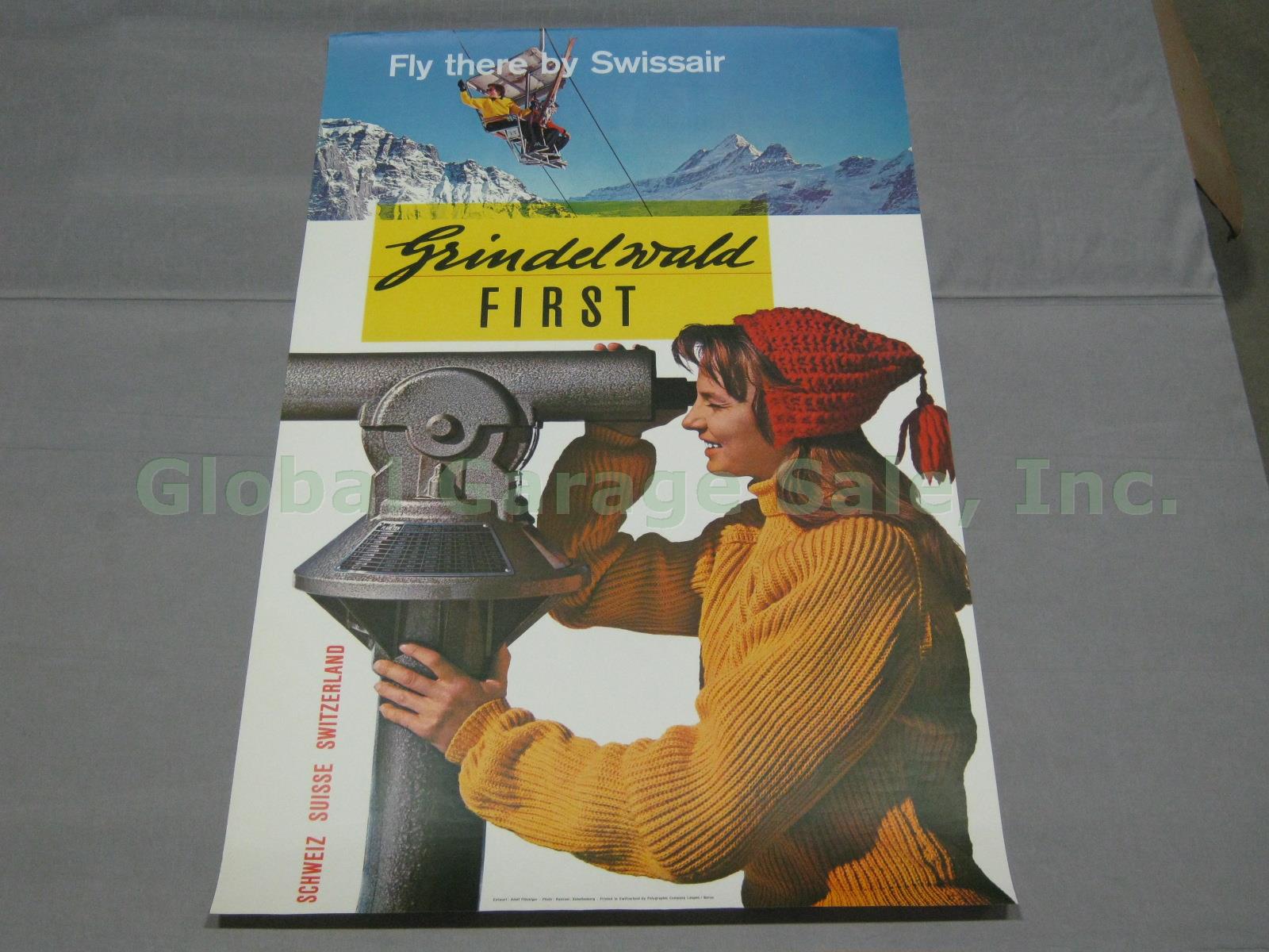 Vtg 1950s Grindelwald First Swissair Travel Ski Poster Fluckiger Switzerland NR!