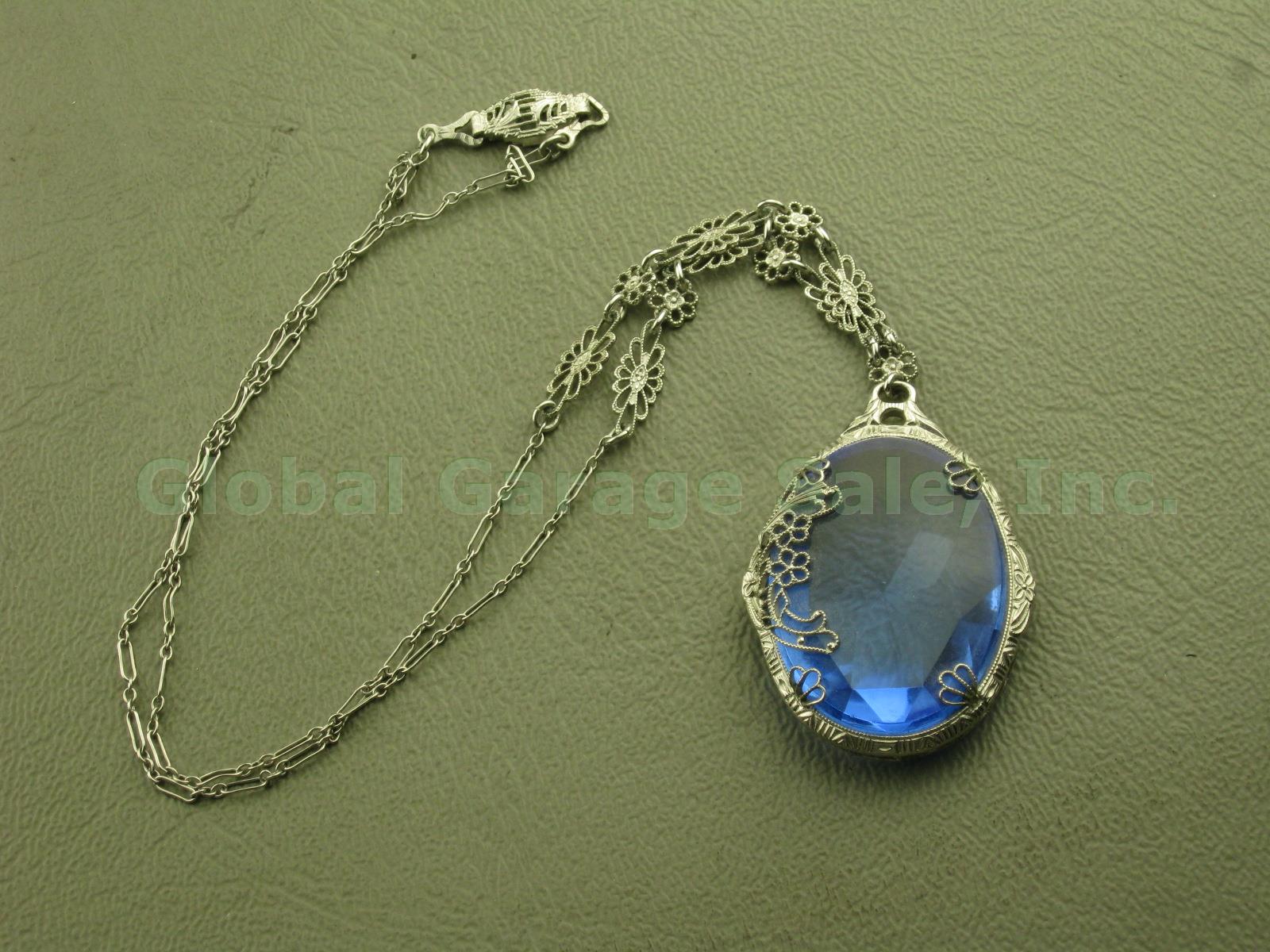 Vtg Antique JHP JH Peckham Art Deco Filigree Blue Glass Pendant Chain Necklace