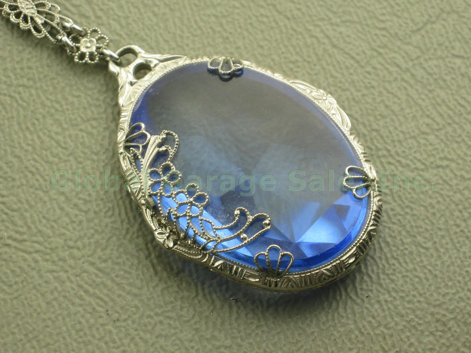 Vtg Antique JHP JH Peckham Art Deco Filigree Blue Glass Pendant Chain Necklace 1
