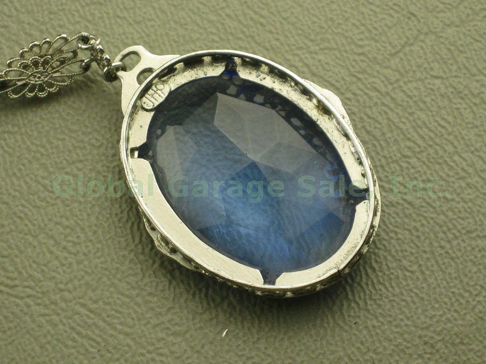 Vtg Antique JHP JH Peckham Art Deco Filigree Blue Glass Pendant Chain Necklace 2