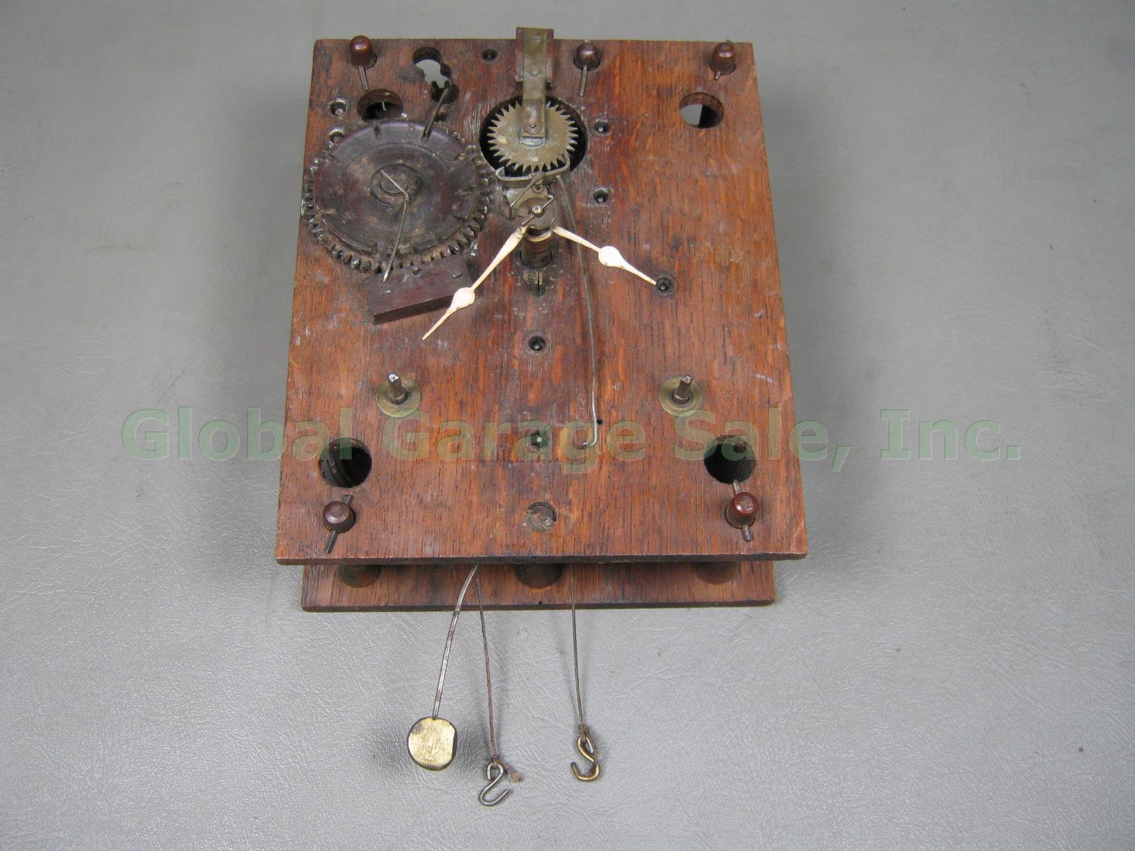 Primitive Antique Clock Movement With Wooden + Brass Gears Original String NR!