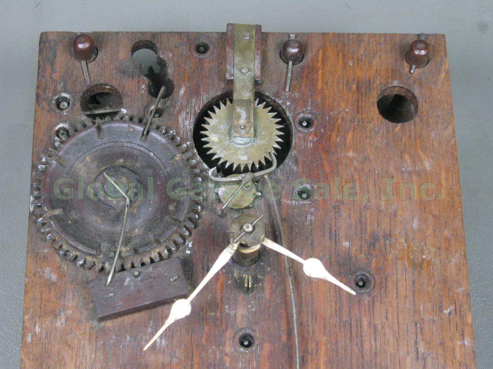 Primitive Antique Clock Movement With Wooden + Brass Gears Original String NR! 1