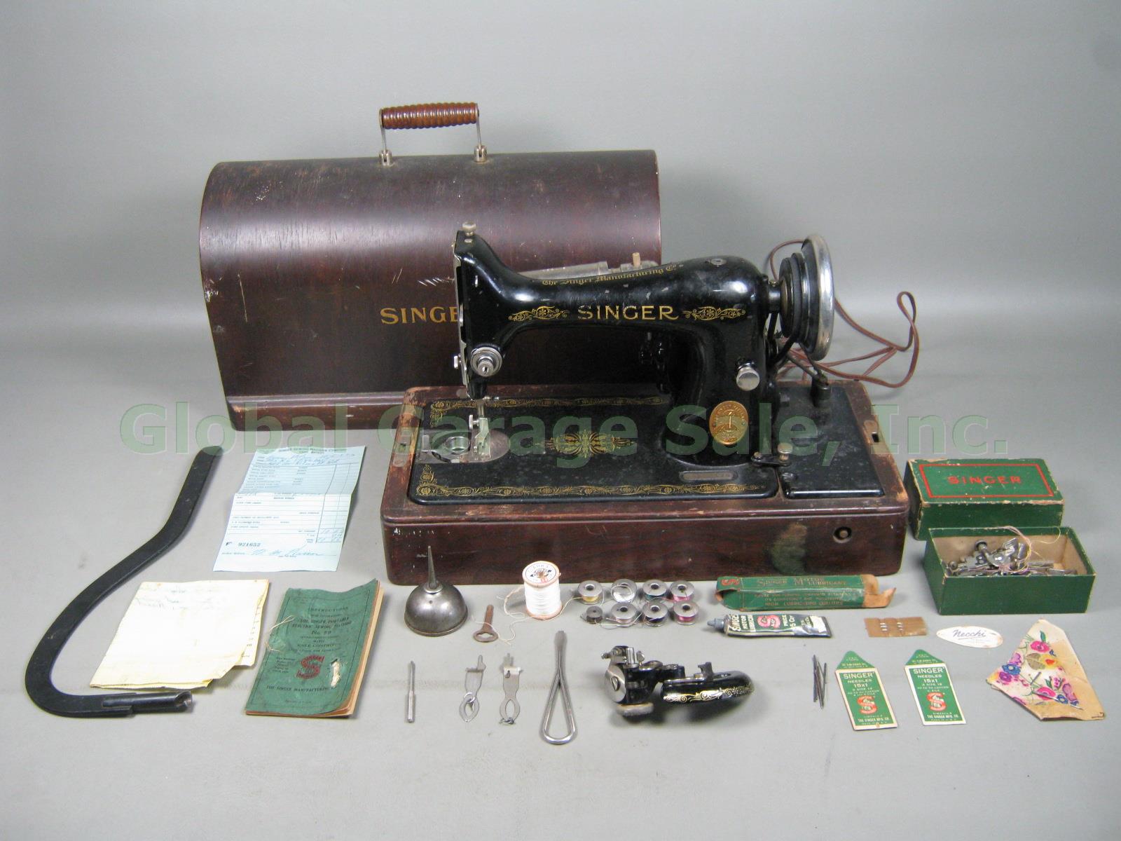 Vtg Antique 1924 Singer 99 99K Sewing Machine W/ Case Knee Control Bar Extra Lot