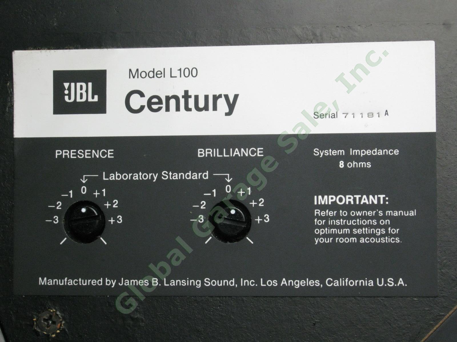 Vintage All Original JBL Century L100 Stereo Speakers Walnut Finish Great Sound! 2