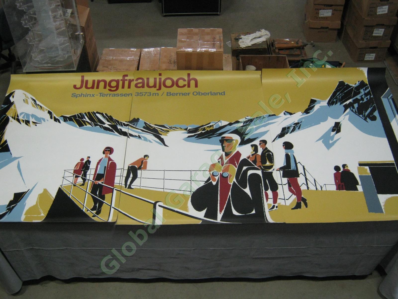 RARE Vintage 3-Panel Jungfraujoch Jungfrau Railway Travel Ski Poster Switzerland