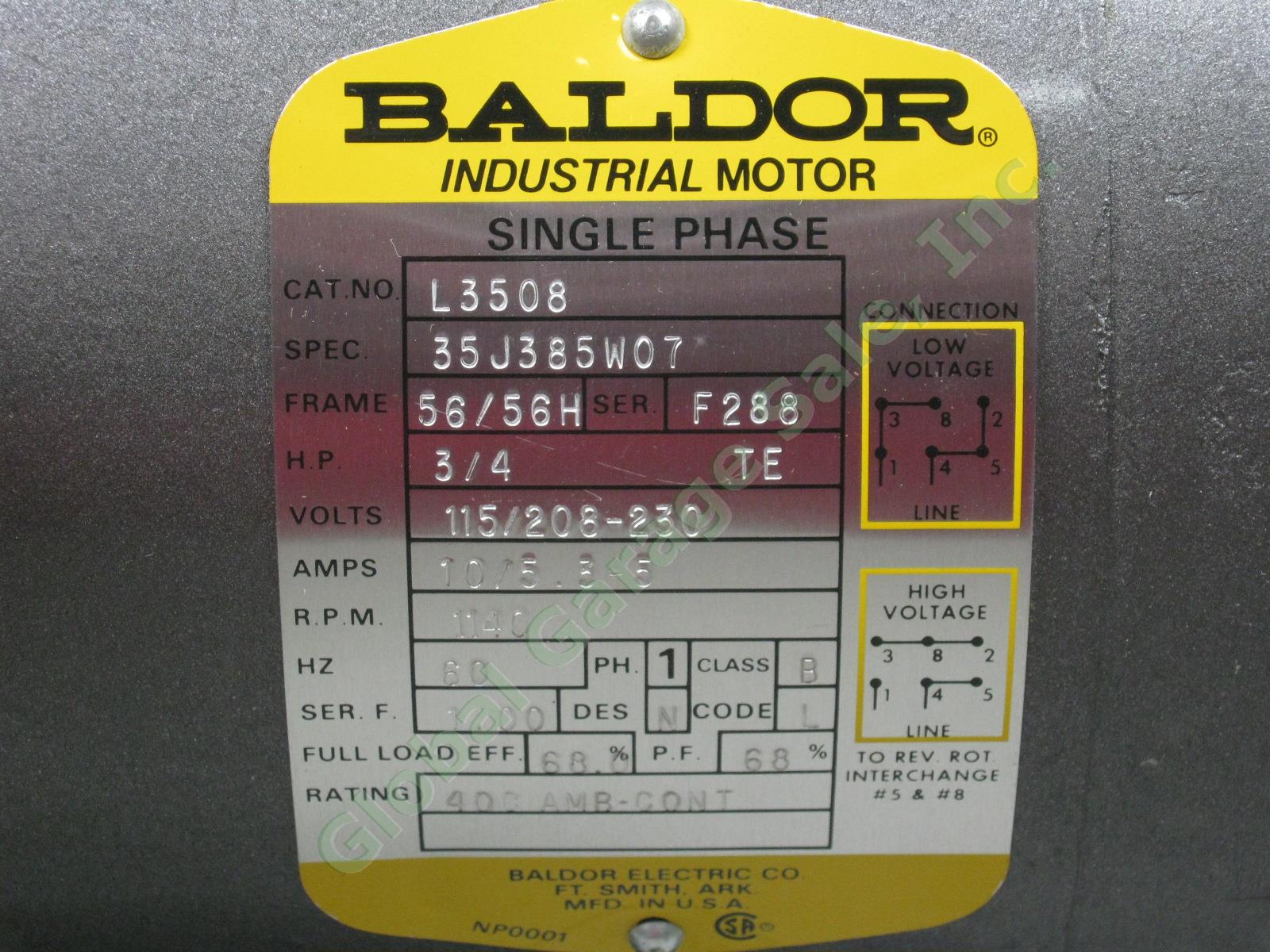 Baldor L3508 3/4HP 1140RPM 56/56H F288 115/208-230V 10/5.3-5A 60Hz 1-Phase Motor 1