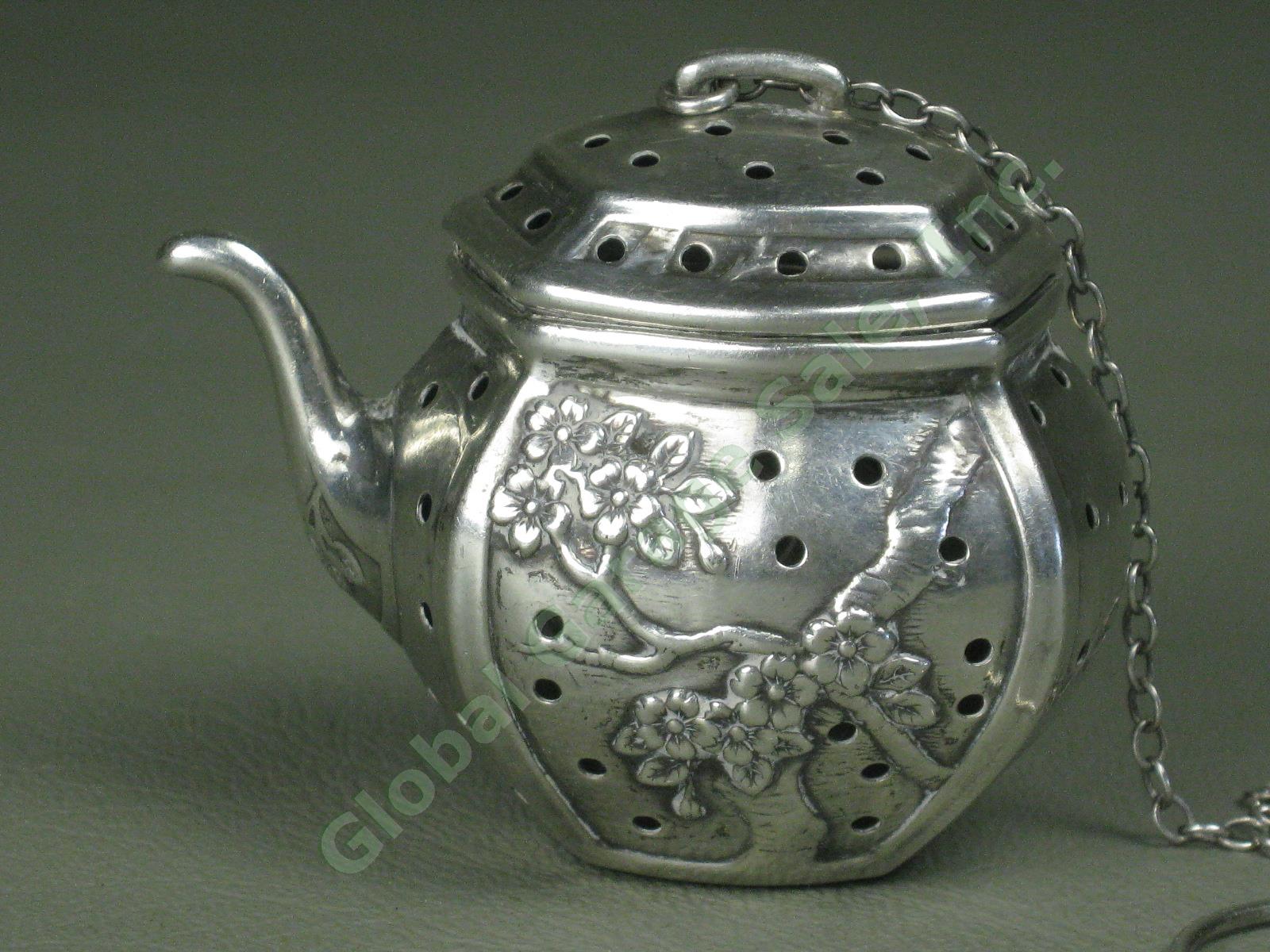 Vtg Antique Cartier Sterling Silver Teapot Tea Strainer Infuser Floral Designs 1