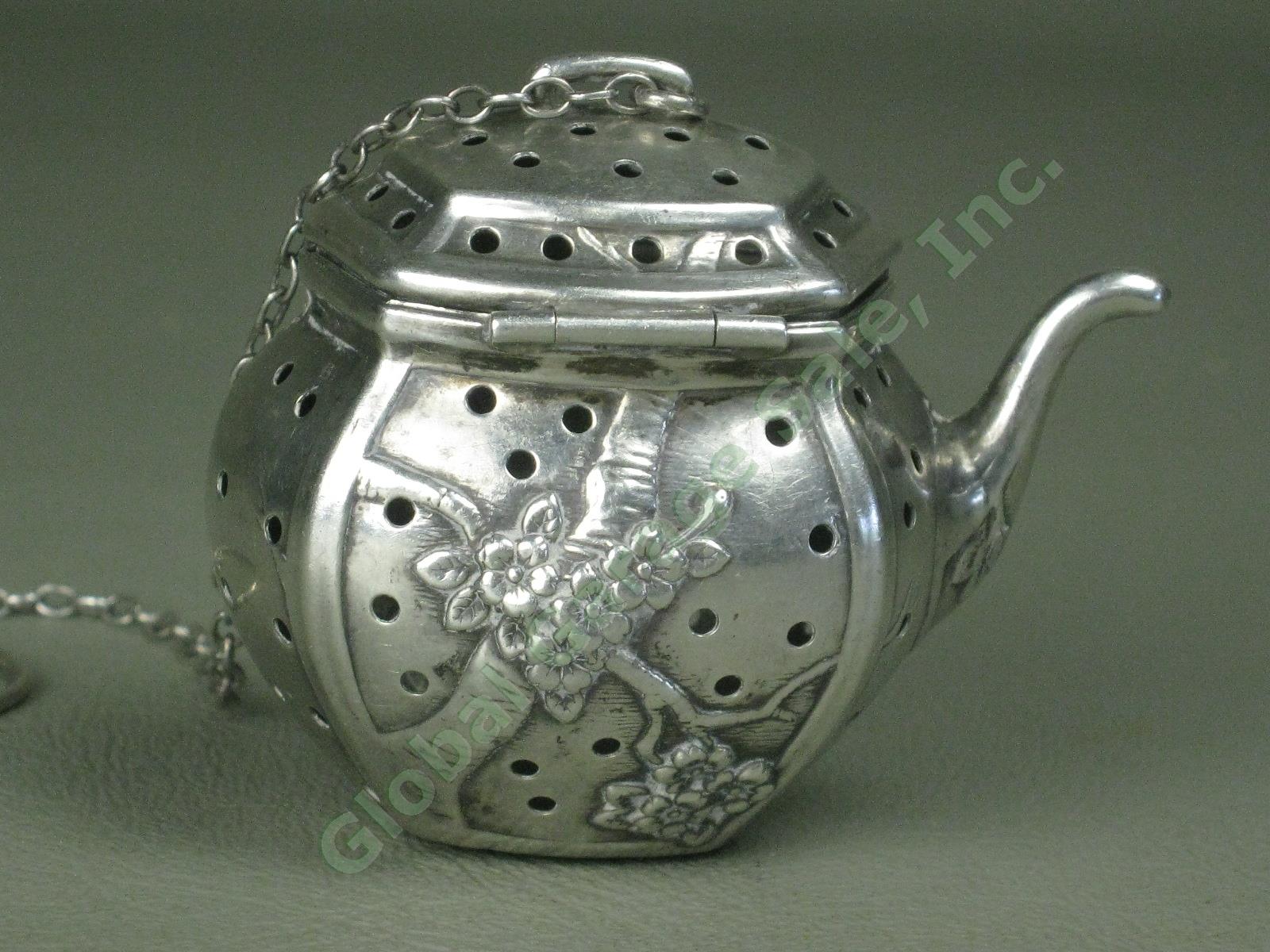 Vtg Antique Cartier Sterling Silver Teapot Tea Strainer Infuser Floral Designs 3