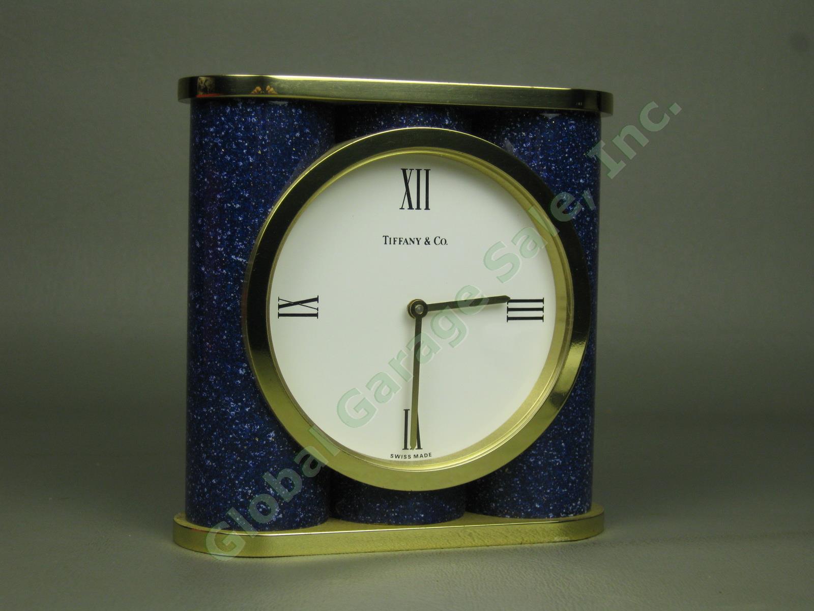 Tiffany & Co Swiss Made Blue Enamel Brass Quartz Desk Table Clock 4" x 4" x 1.5"