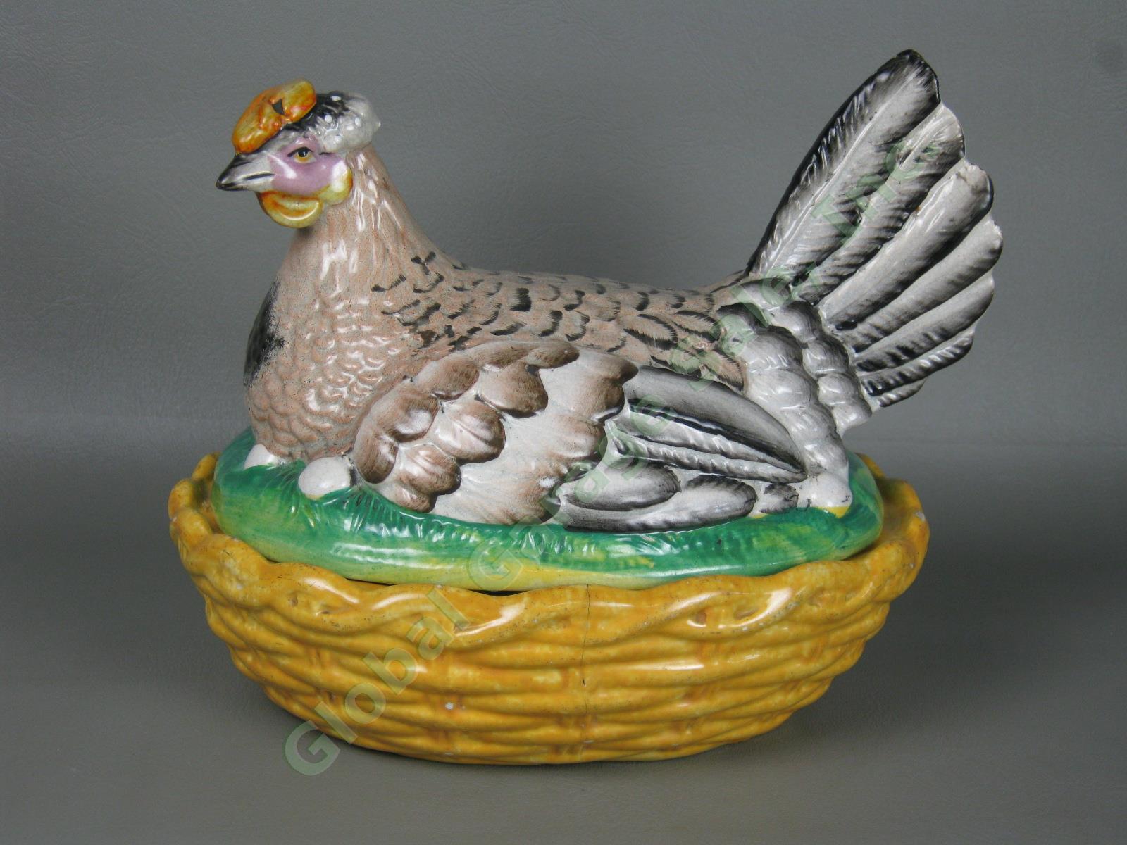 Antique 1800s Staffordshire Pottery Large Hen Chicken On Nest With Eggs NO RES!