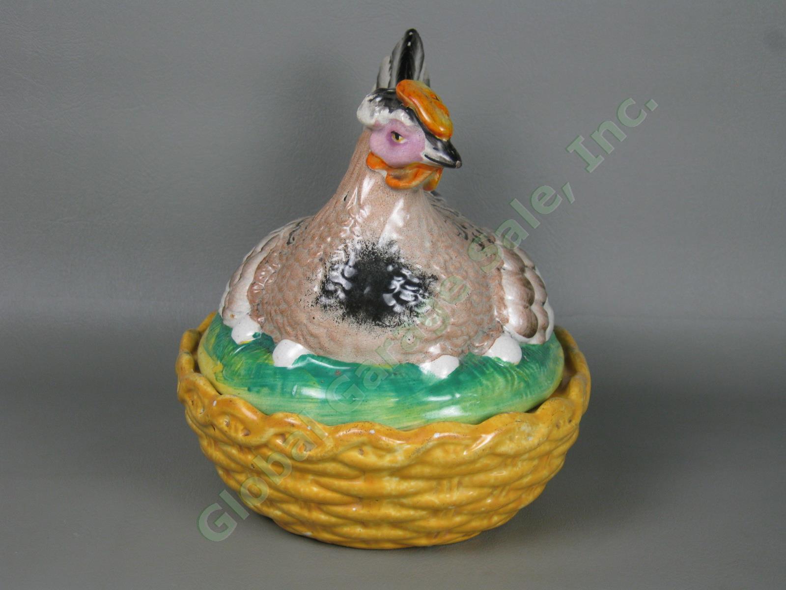 Antique 1800s Staffordshire Pottery Large Hen Chicken On Nest With Eggs NO RES! 2