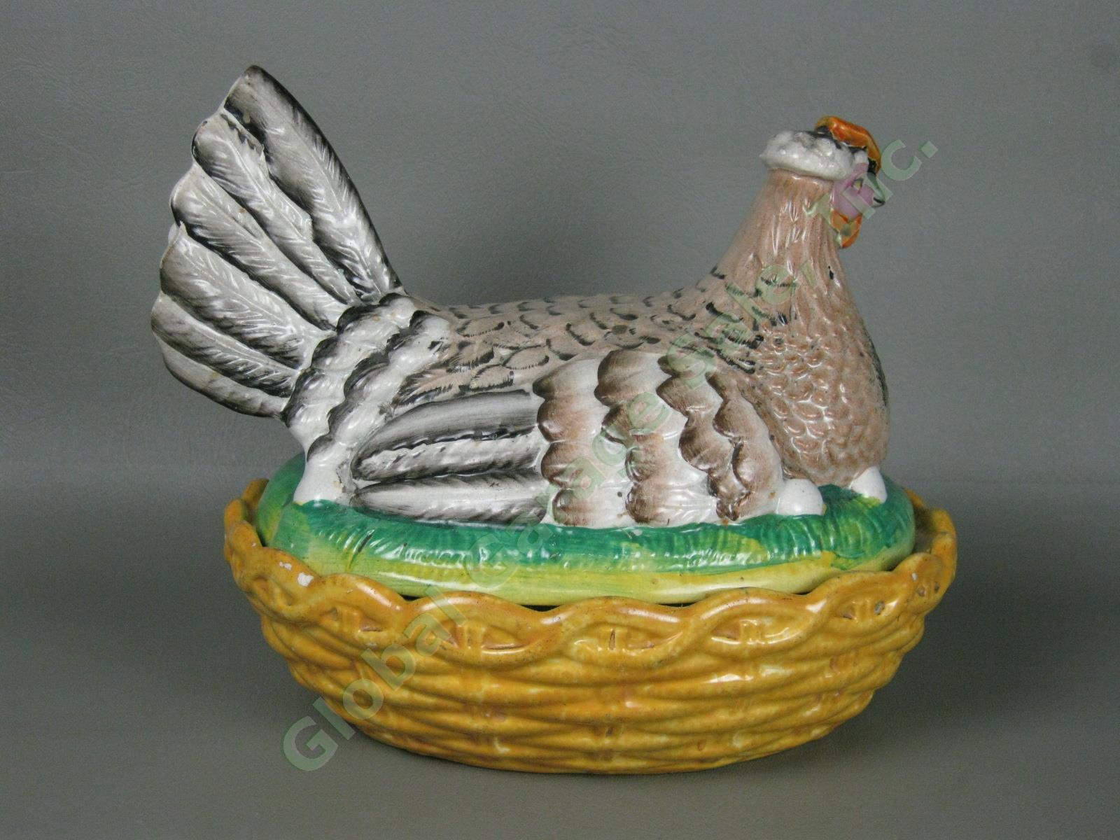 Antique 1800s Staffordshire Pottery Large Hen Chicken On Nest With Eggs NO RES! 3