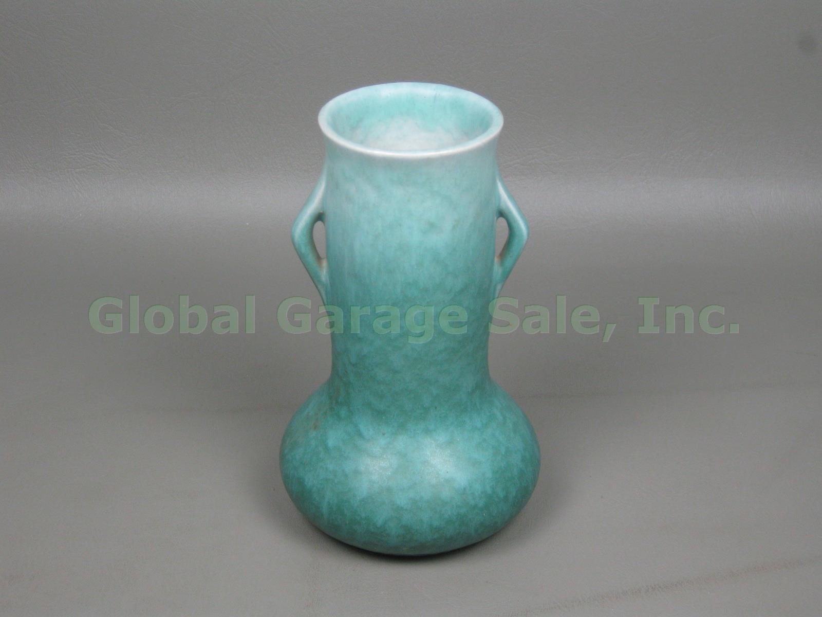 Vtg Roseville Pottery USA Mottled Blue Glaze Rozane Ware Two-Handled Vase 1-6"