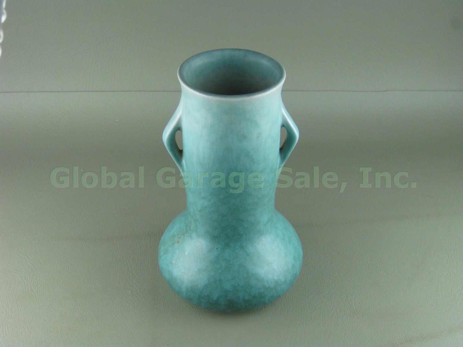 Vtg Roseville Pottery USA Mottled Blue Glaze Rozane Ware Two-Handled Vase 1-6" 1