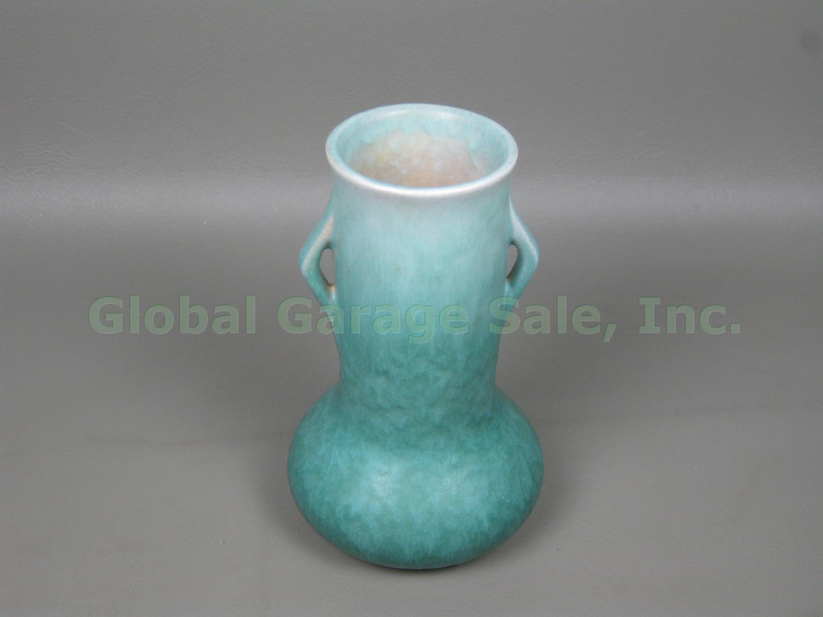 Vtg Roseville Pottery USA Mottled Blue Glaze Rozane Ware Two-Handled Vase 1-6" 2