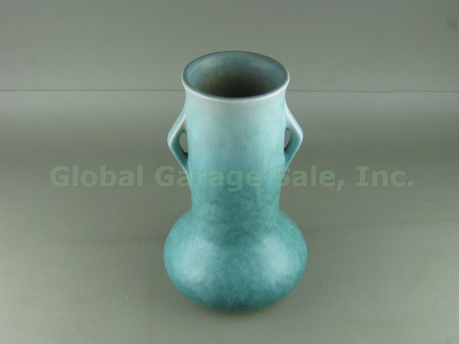 Vtg Roseville Pottery USA Mottled Blue Glaze Rozane Ware Two-Handled Vase 1-6" 3