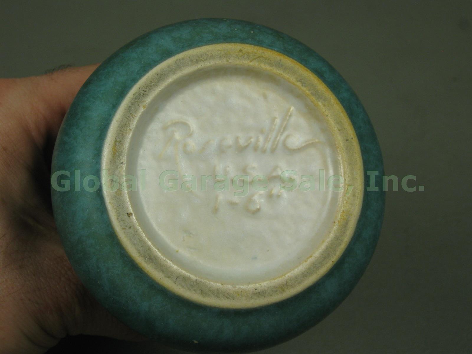 Vtg Roseville Pottery USA Mottled Blue Glaze Rozane Ware Two-Handled Vase 1-6" 5