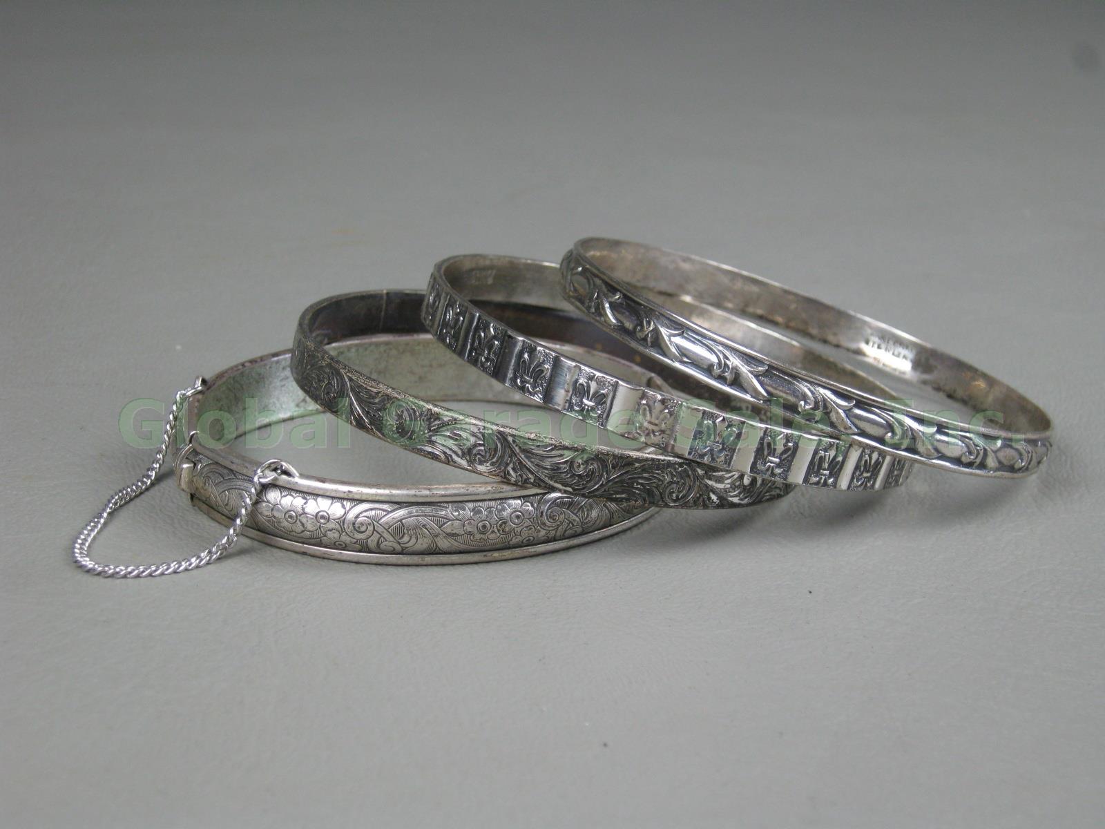 4 Vtg Danecraft Sterling Silver Bangle Bracelets Lot Hinged Fleur De Lis Floral