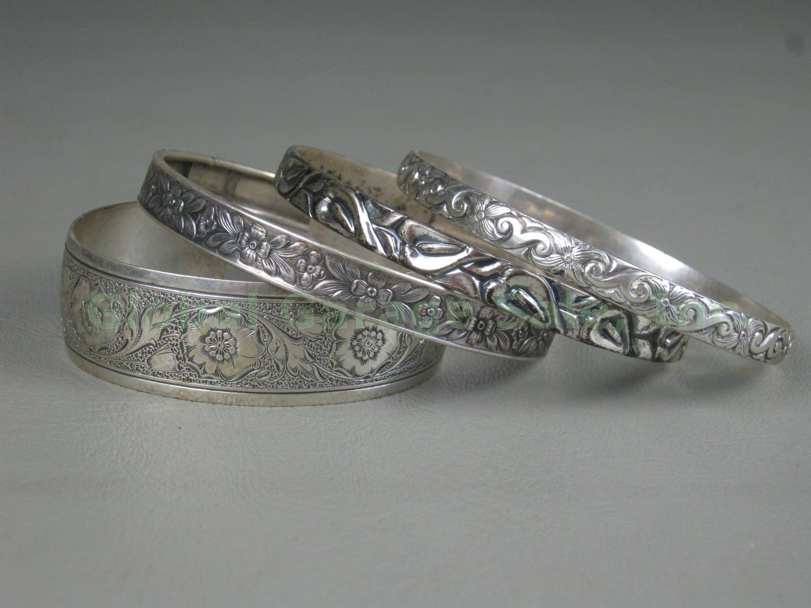4 Vtg Danecraft Sterling Silver Bracelets Lot Bangle Cuff Floral Flowers Leaves