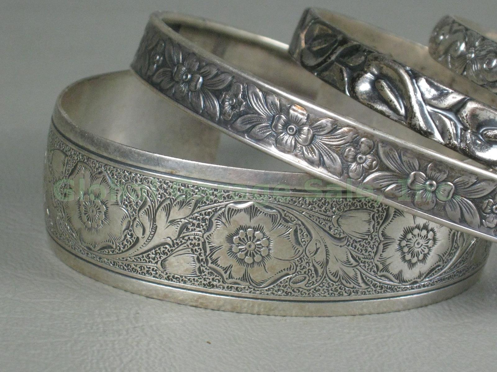 4 Vtg Danecraft Sterling Silver Bracelets Lot Bangle Cuff Floral Flowers Leaves 1