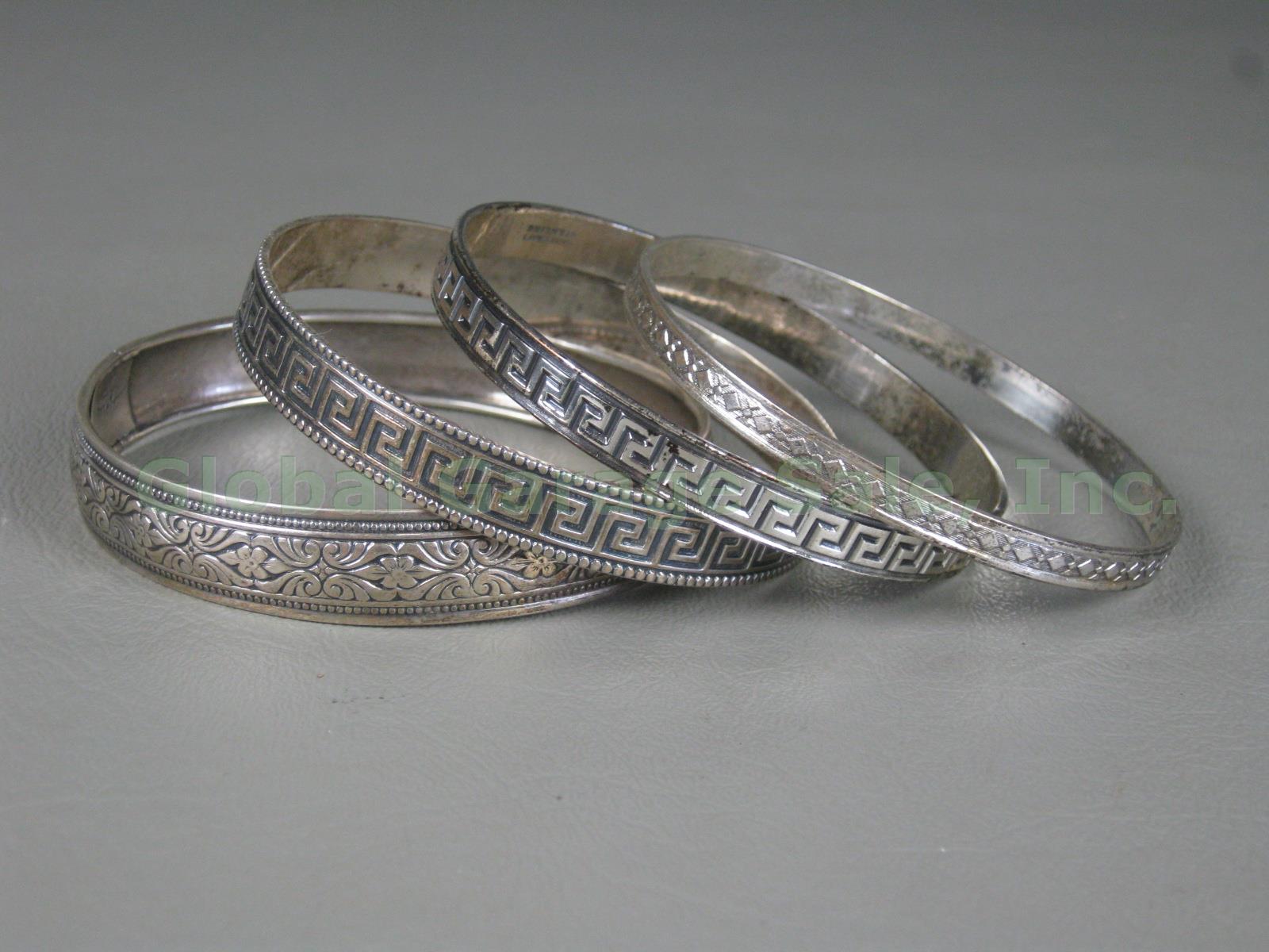 4 Vtg Danecraft Sterling Silver Bangle Bracelet Lot Greek Key Floral Rolled Edge