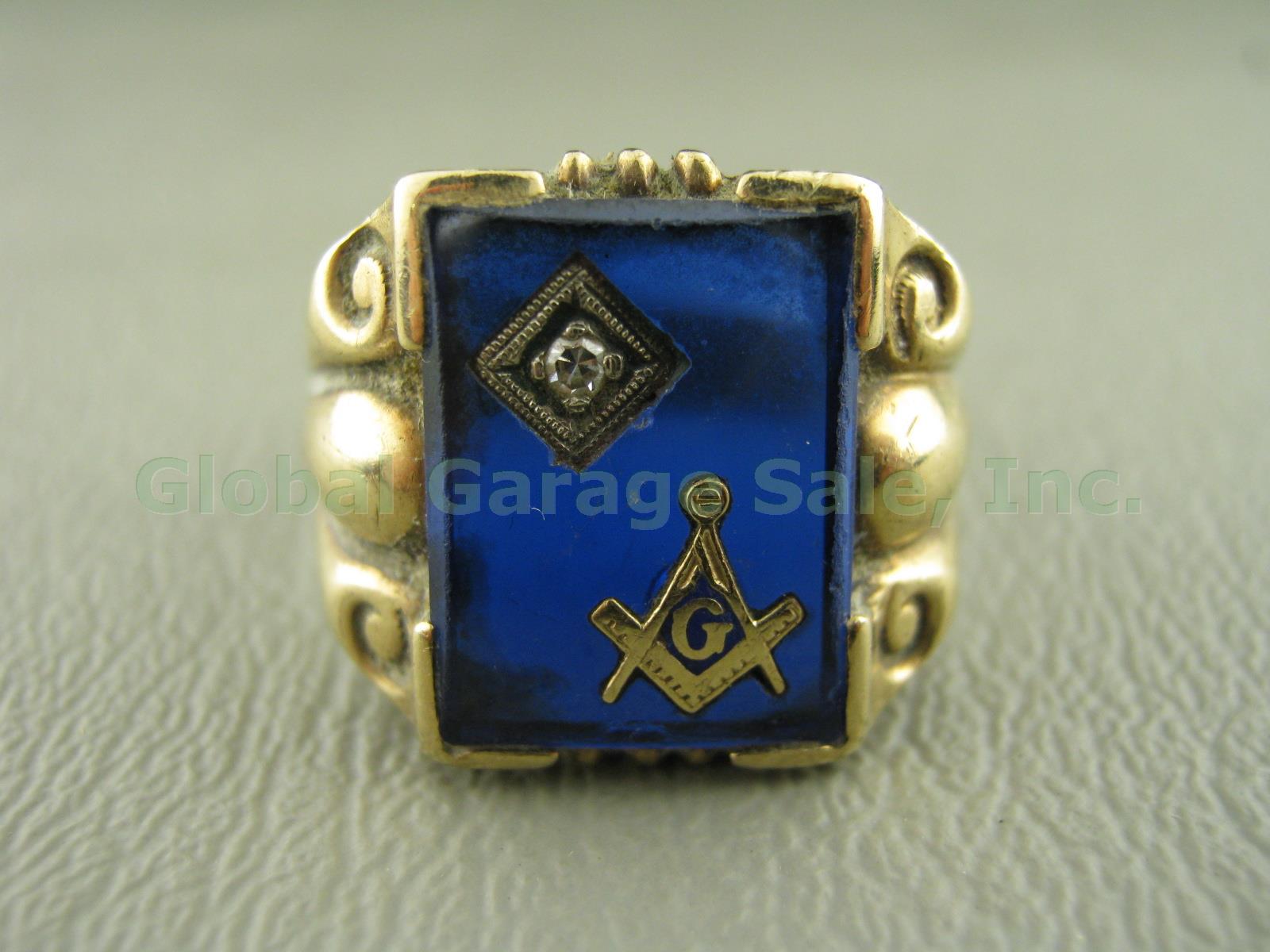 Vtg Mens Masonic 10k Gold Diamond Blue Lodge 3rd Degree Acrylic Topaz Ring 6.9g