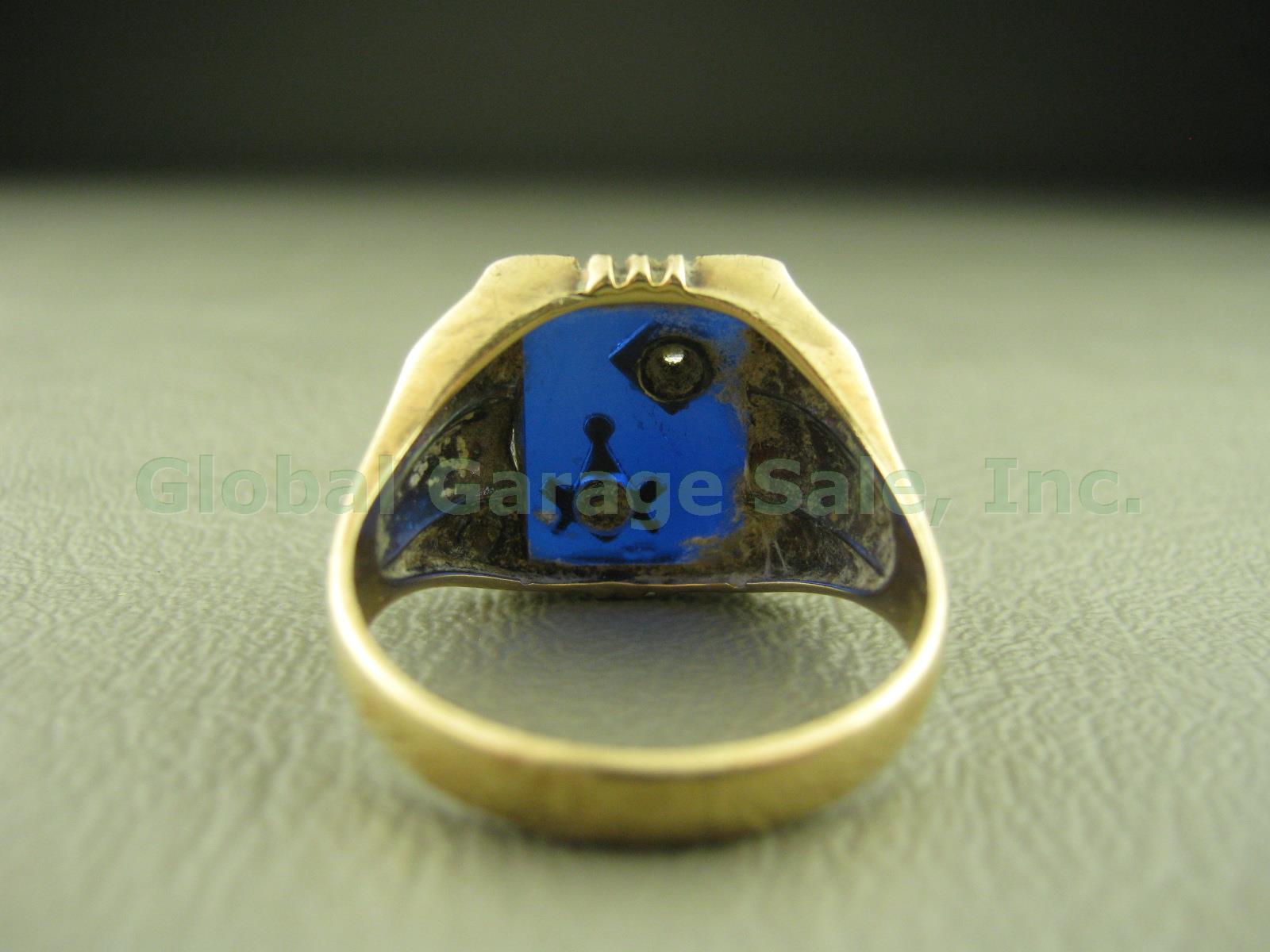 Vtg Mens Masonic 10k Gold Diamond Blue Lodge 3rd Degree Acrylic Topaz Ring 6.9g 3