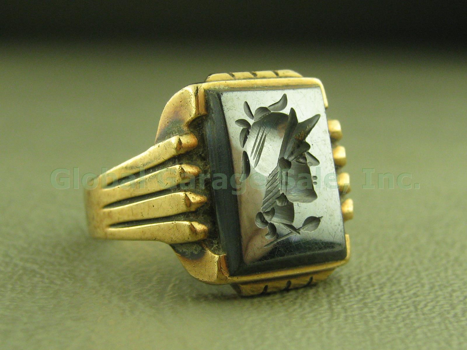 Mens Vtg 1940s 10K Yellow Gold Hematite Roman Soldier Intaglio Cameo Ring 10.4g