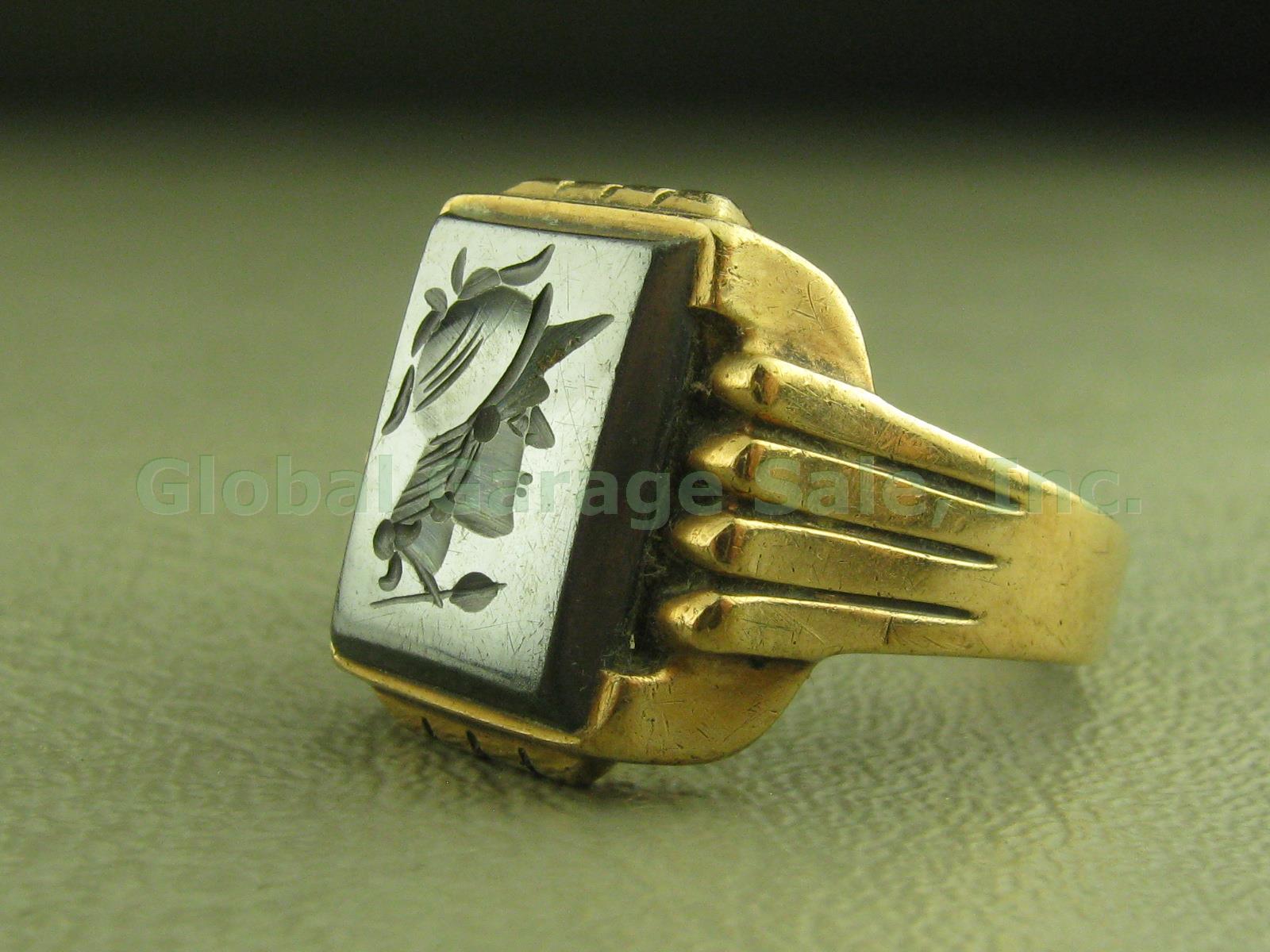 Mens Vtg 1940s 10K Yellow Gold Hematite Roman Soldier Intaglio Cameo Ring 10.4g 1