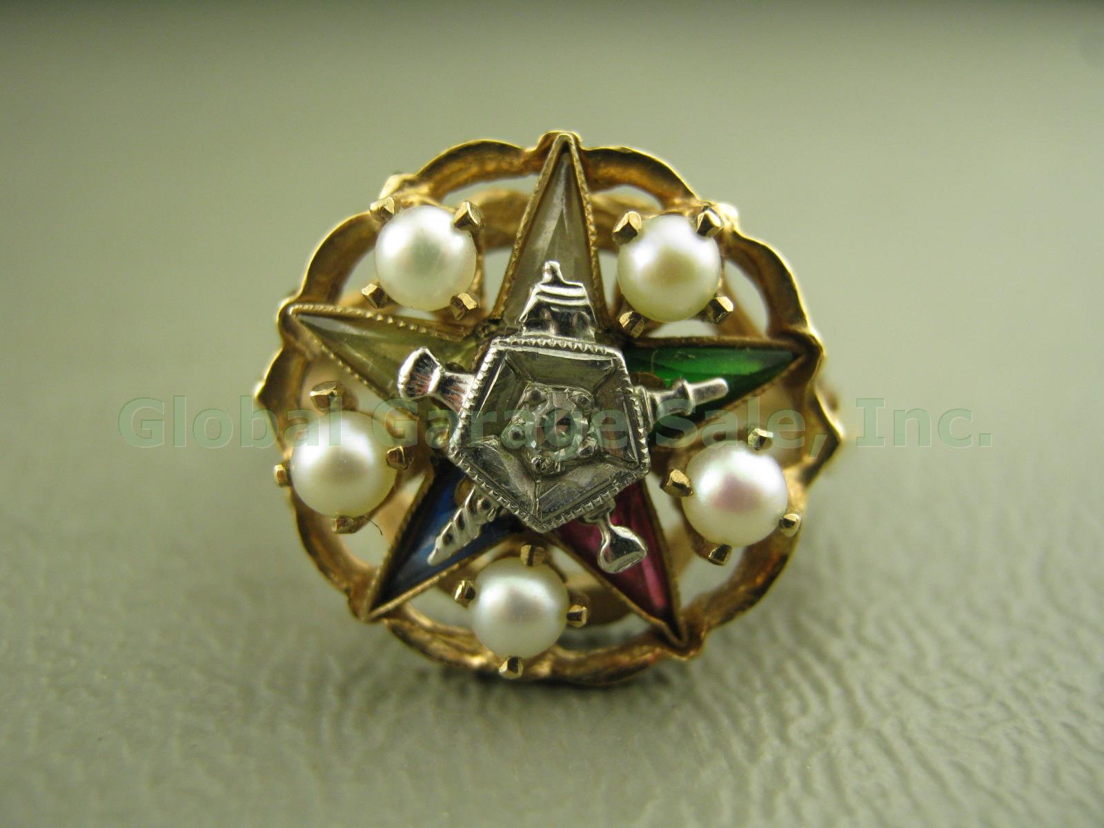 Vtg 10k Yellow Gold Mason Order Of The Eastern Star Diamond Pearl Ring 4.75 3.4g