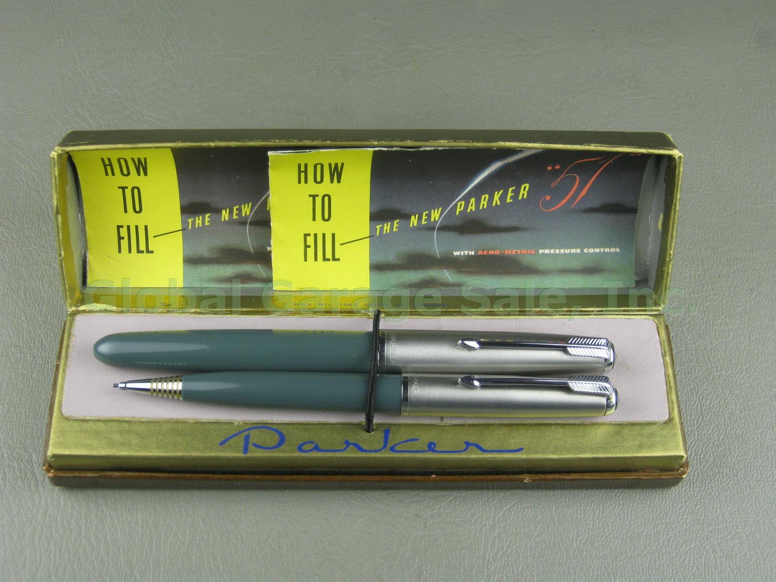 Vtg Parker 51 Aerometric Navy Grey Fountain Pen Mechanical Pencil Set W/ Nib Tip