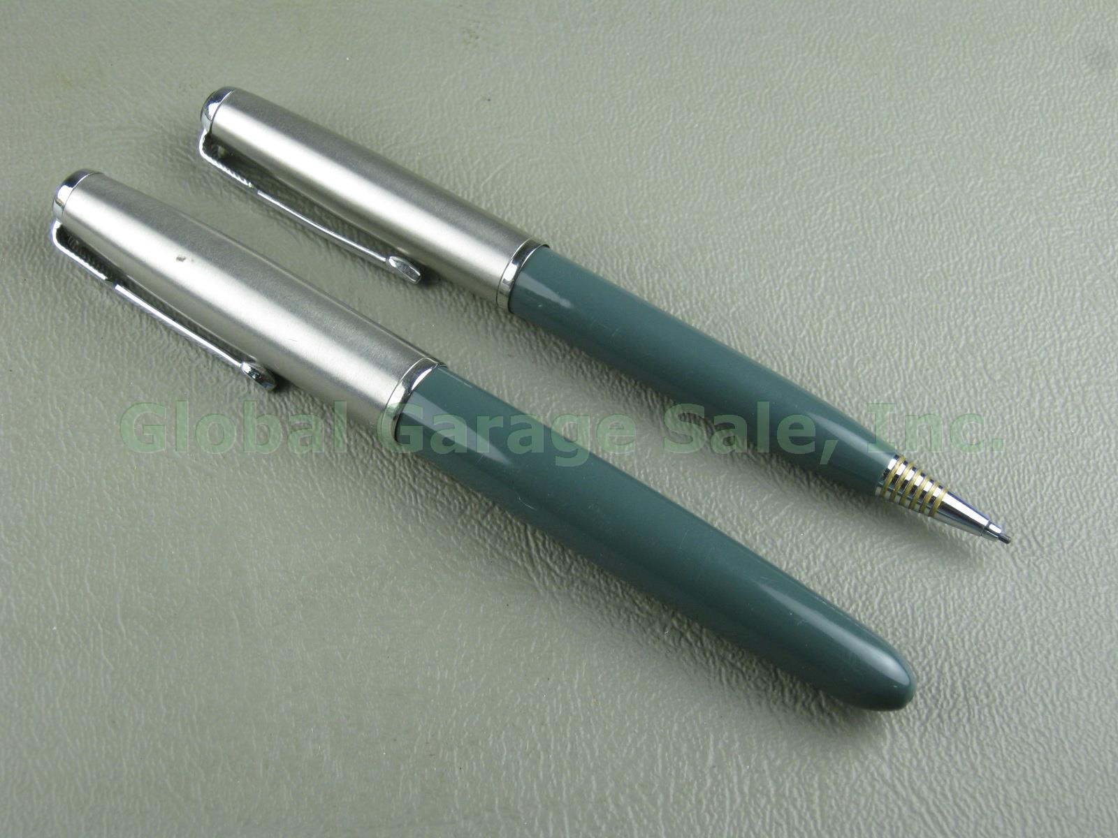 Vtg Parker 51 Aerometric Navy Grey Fountain Pen Mechanical Pencil Set W/ Nib Tip 1