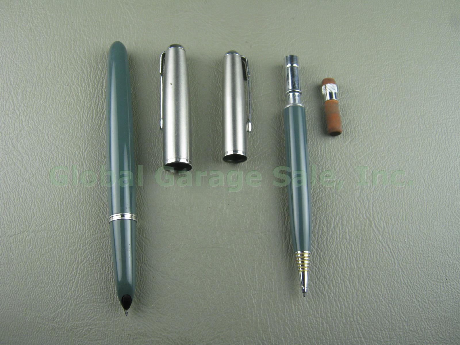 Vtg Parker 51 Aerometric Navy Grey Fountain Pen Mechanical Pencil Set W/ Nib Tip 4