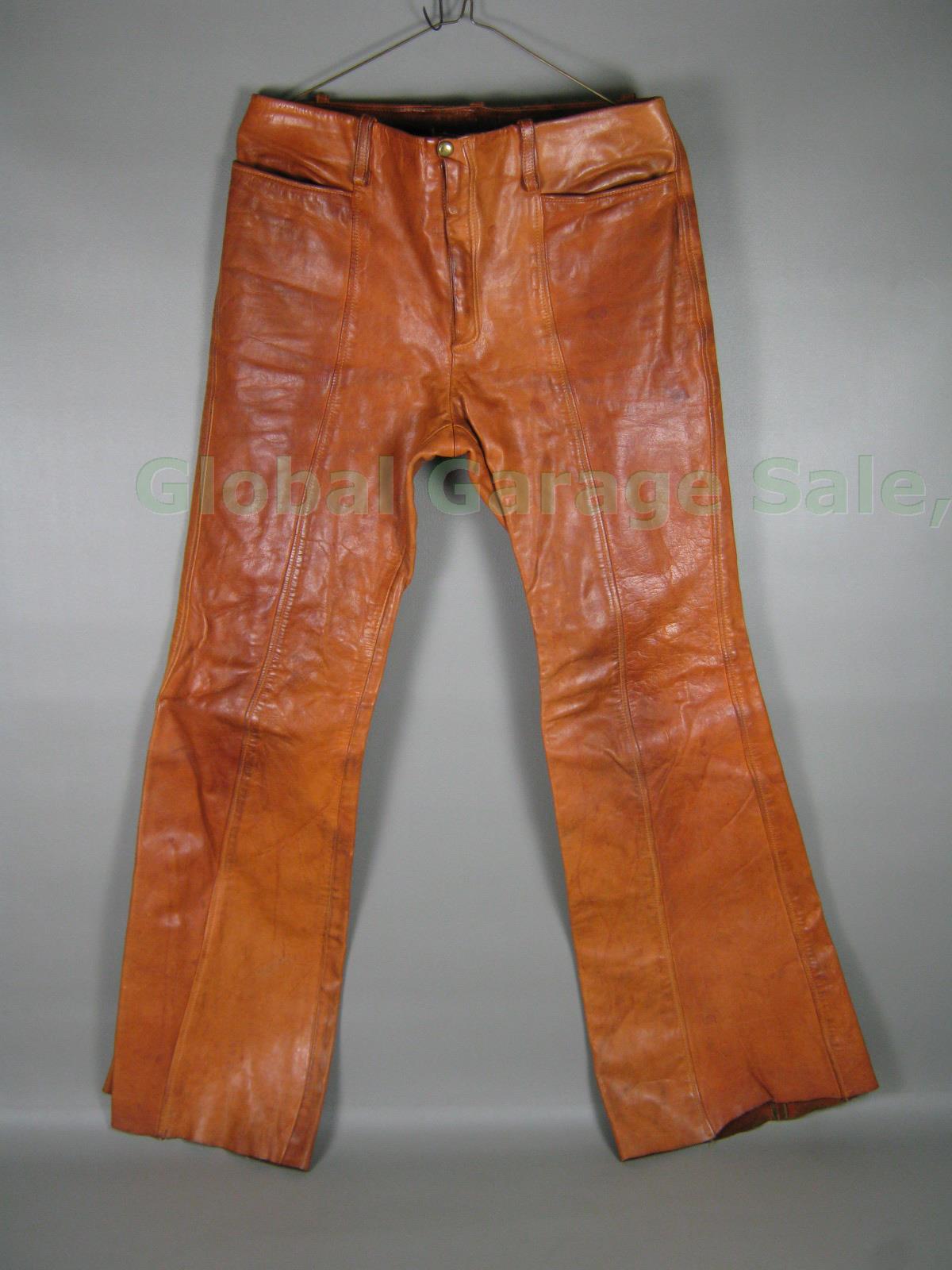 Vtg 1960s 1970s Vermont Made Leather Bell Bottom Hippie Rock Star Pants 31" x32"