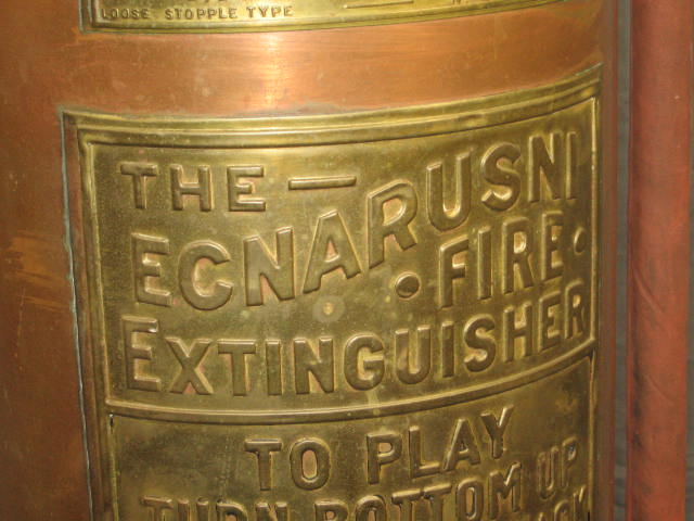 Antique Copper + Brass Fire Extinguisher Ecnarusni 2.5G 4
