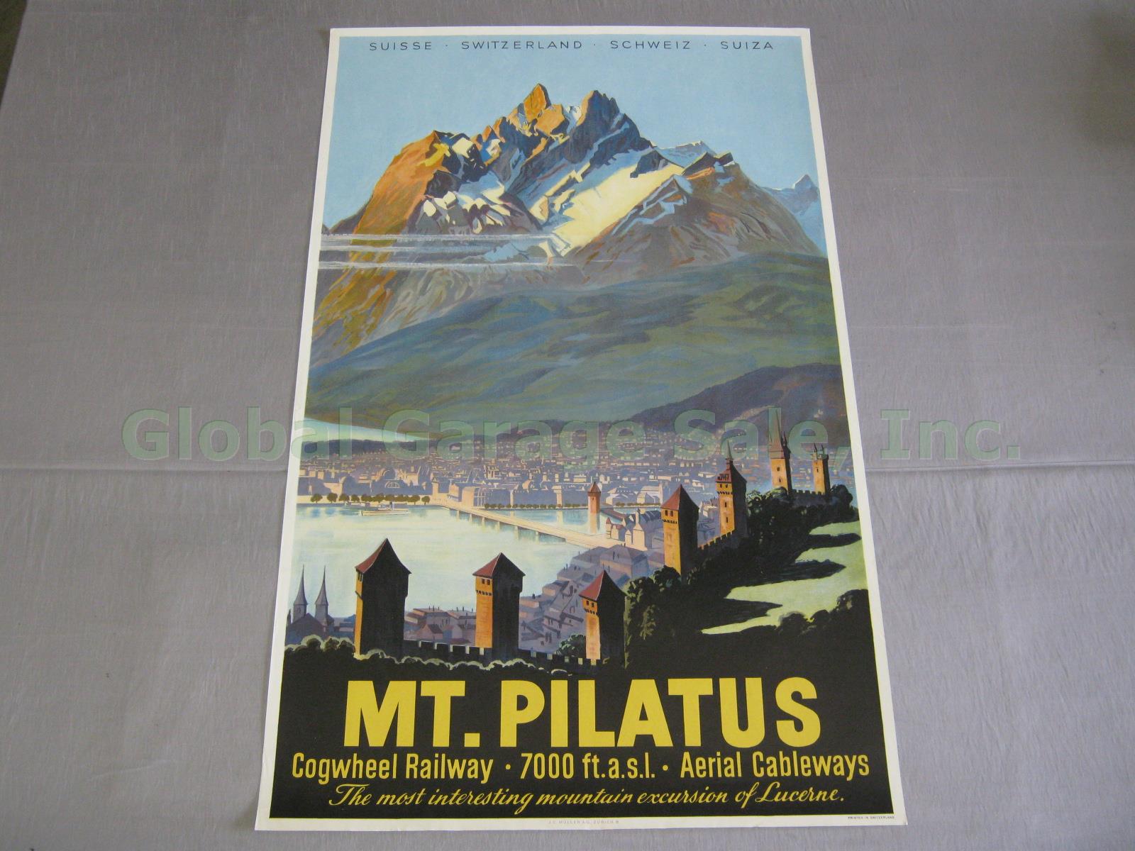 Vtg 1956 Mount Pilatus Swiss Travel Poster Lucerne Switzerland Railway Cable Car