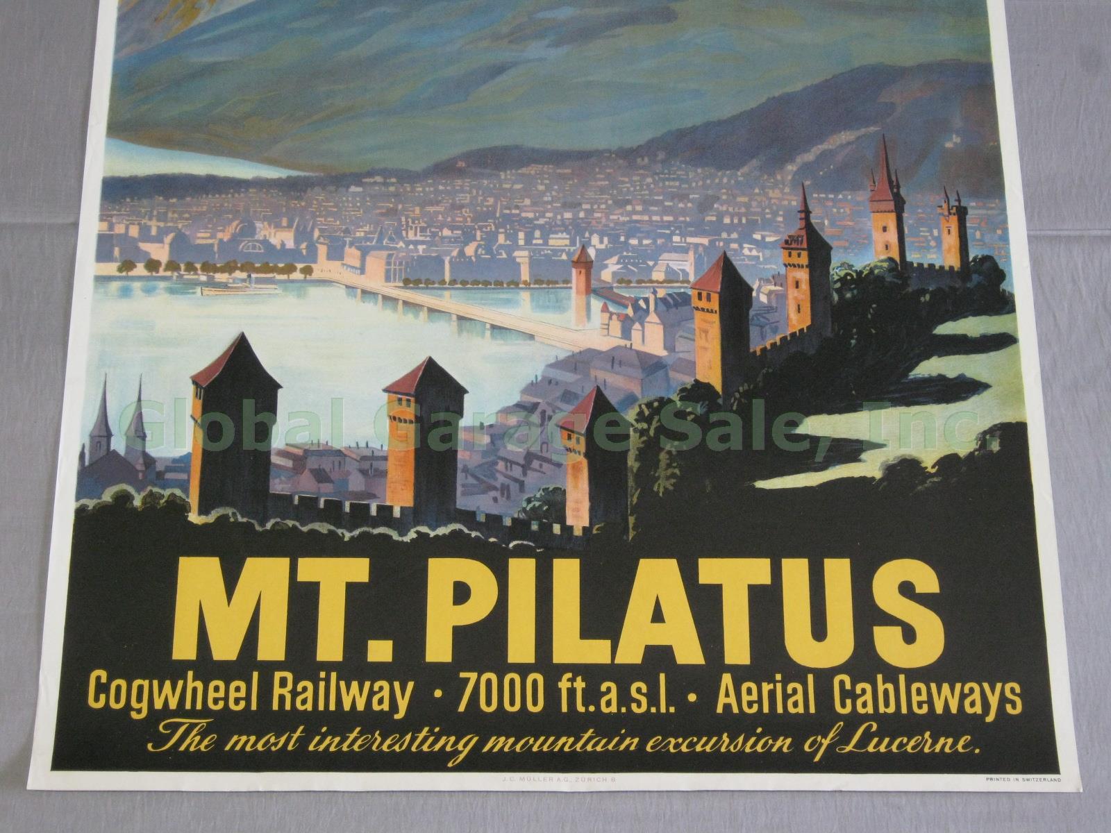 Vtg 1956 Mount Pilatus Swiss Travel Poster Lucerne Switzerland Railway Cable Car 2