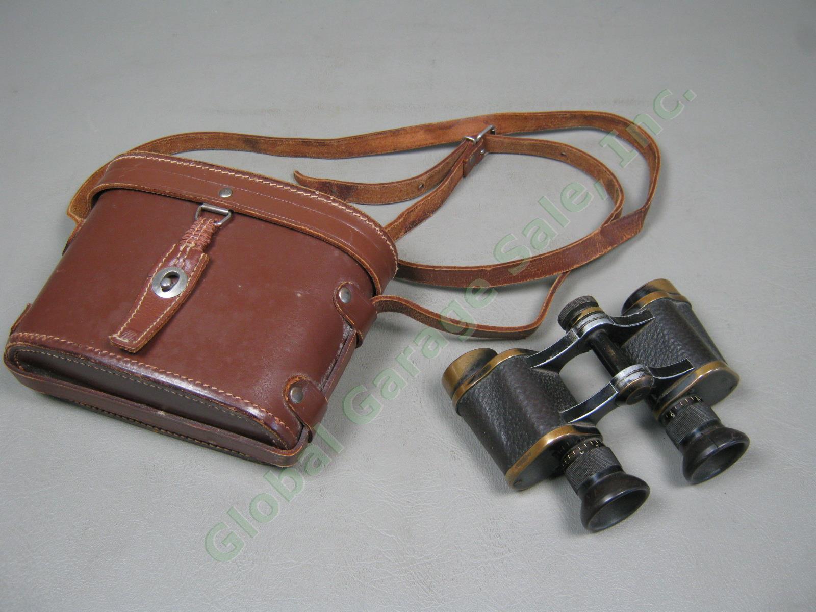 Vtg Antique Carl Zeiss Jena DF 6X 141923 Brass Binoculars W/ Leather Case WWI NR