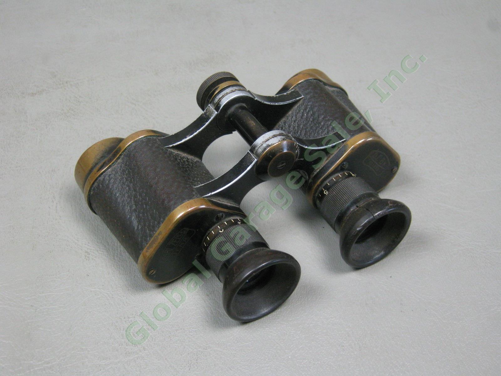 Vtg Antique Carl Zeiss Jena DF 6X 141923 Brass Binoculars W/ Leather Case WWI NR 1