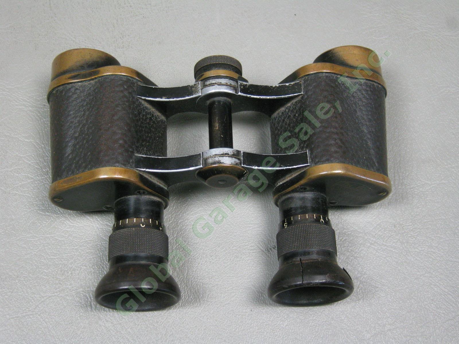 Vtg Antique Carl Zeiss Jena DF 6X 141923 Brass Binoculars W/ Leather Case WWI NR 5