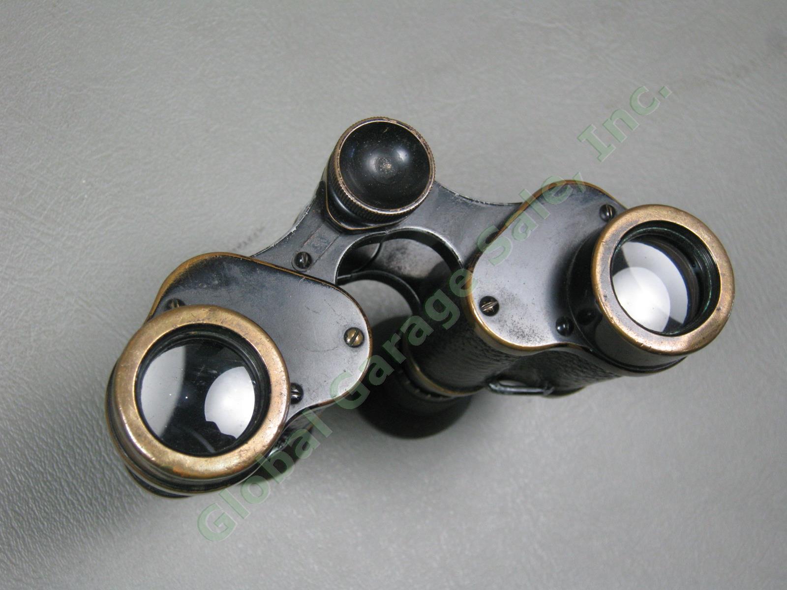 Vtg Antique Carl Zeiss Jena DF 6X 141923 Brass Binoculars W/ Leather Case WWI NR 7