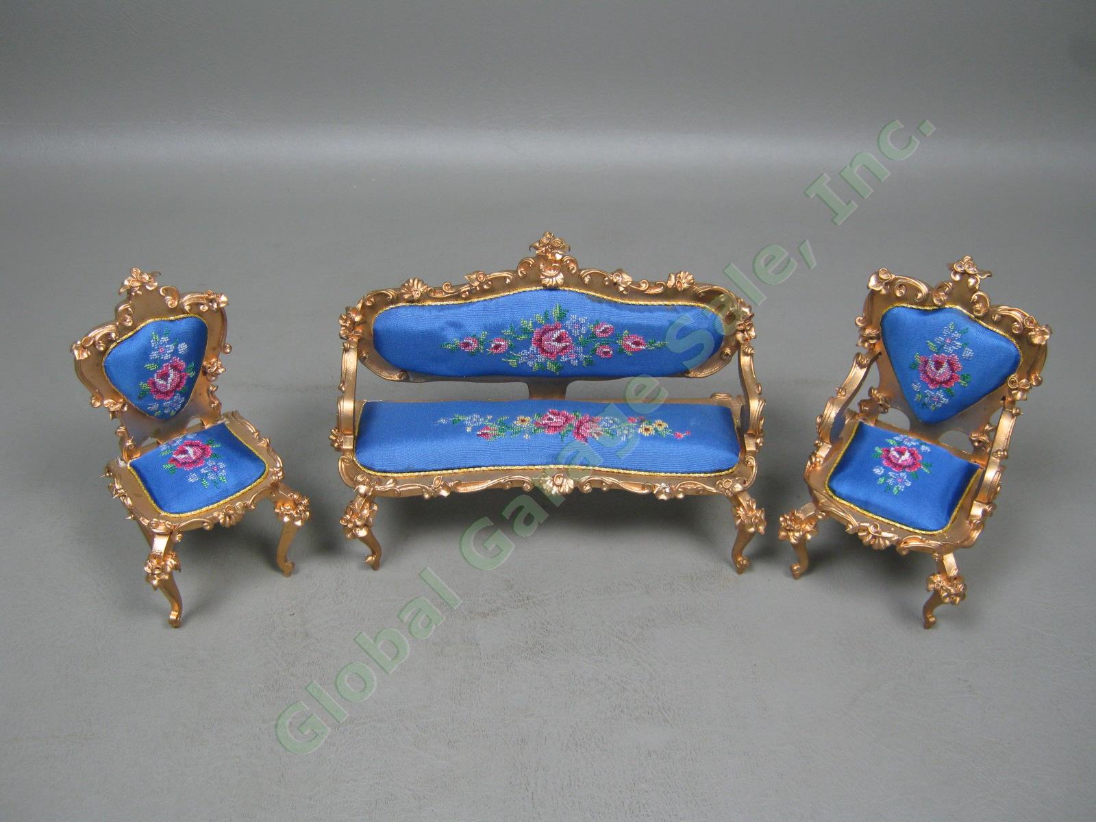 Vtg Spielwaren Boutique Szalasi Ornate Gold Rococo Dollhouse Chairs + Settee Set