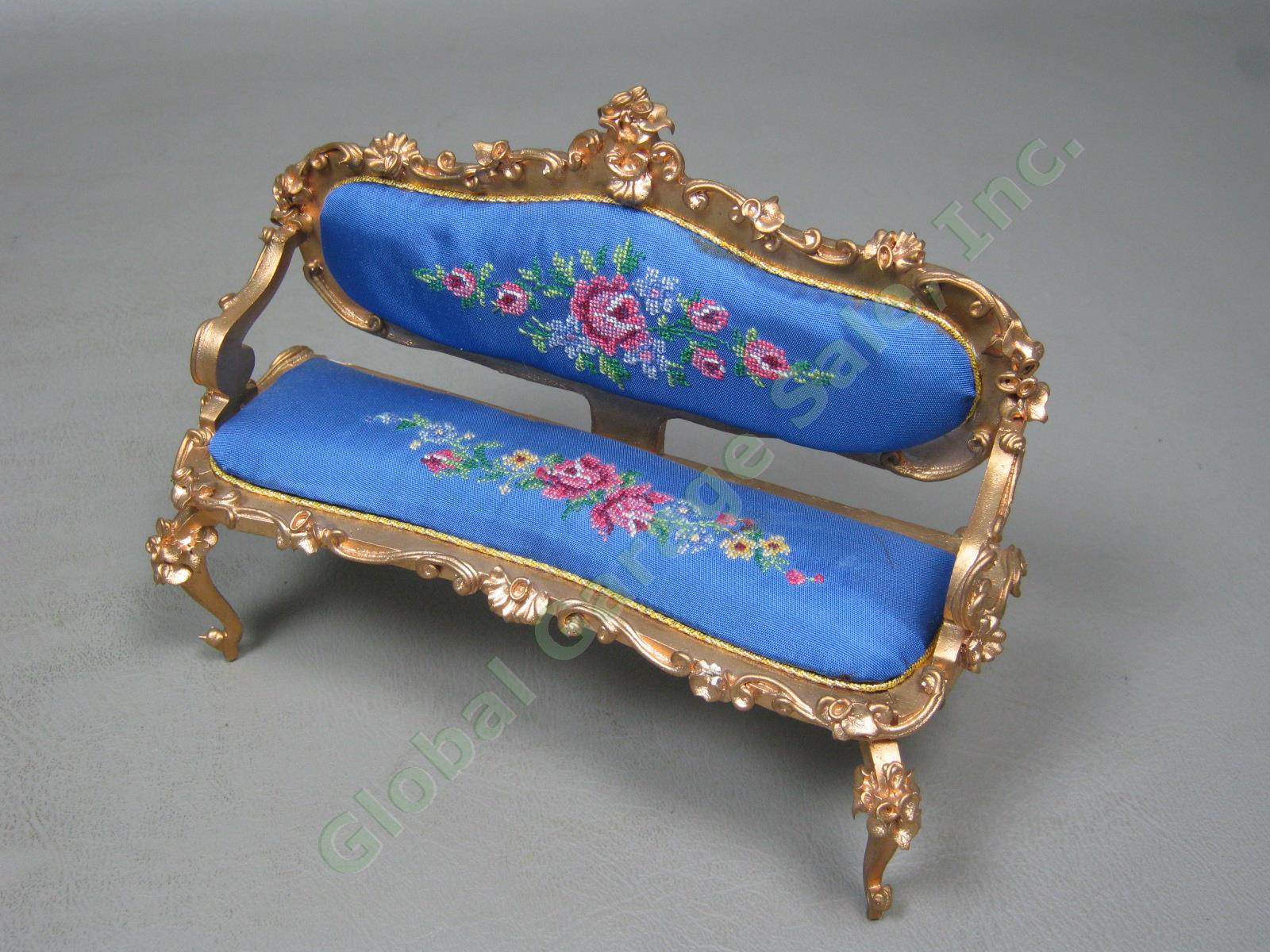 Vtg Spielwaren Boutique Szalasi Ornate Gold Rococo Dollhouse Chairs + Settee Set 2