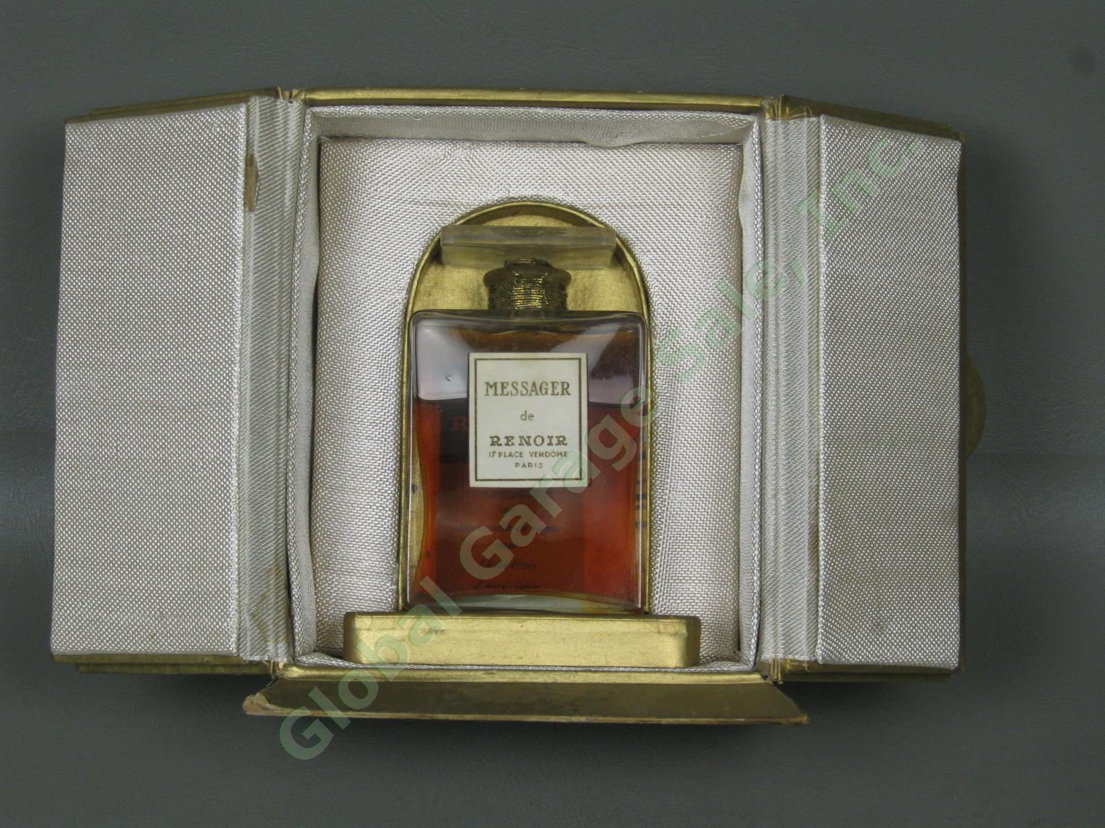 Vtg Antique 3.75" Messager de Renoir Paris Perfume Bottle W/ Stopper/Dauber +Box