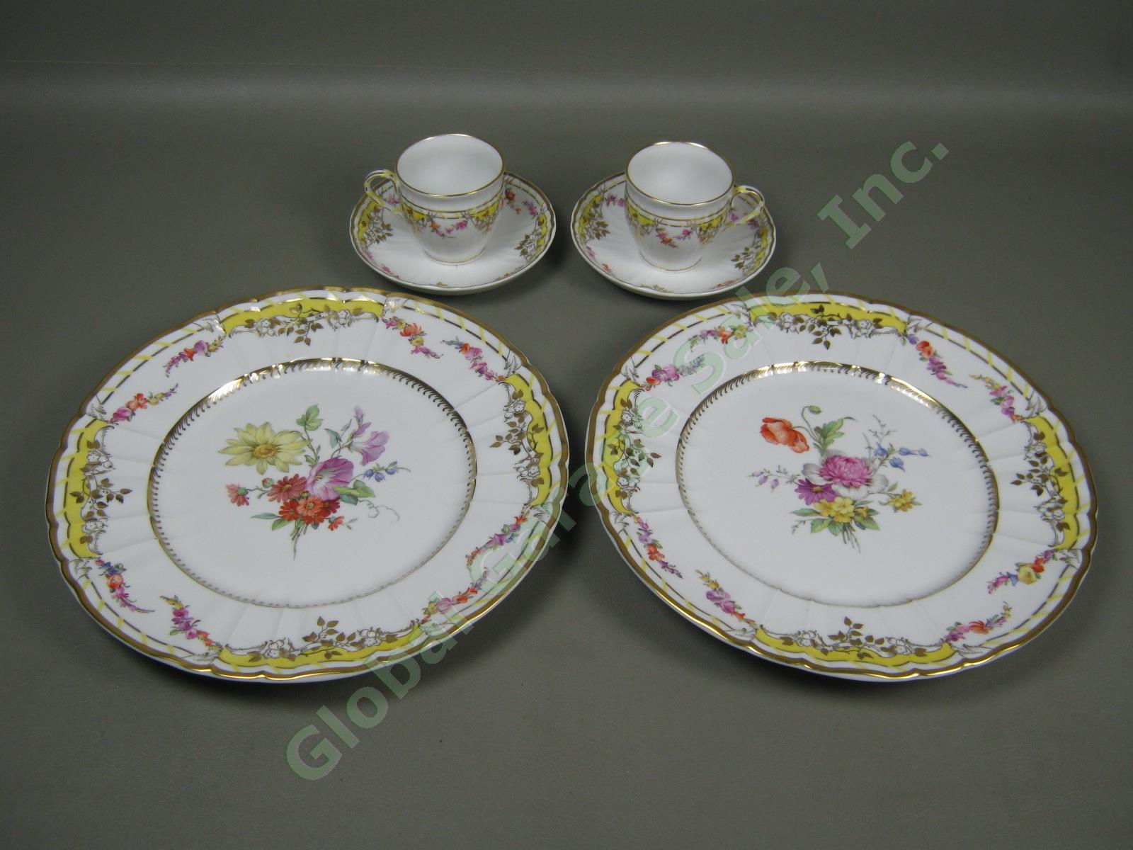 Vtg Antique KPM German Porcelain Dinner Plates Cups & Saucers Set Floral Gilt NR