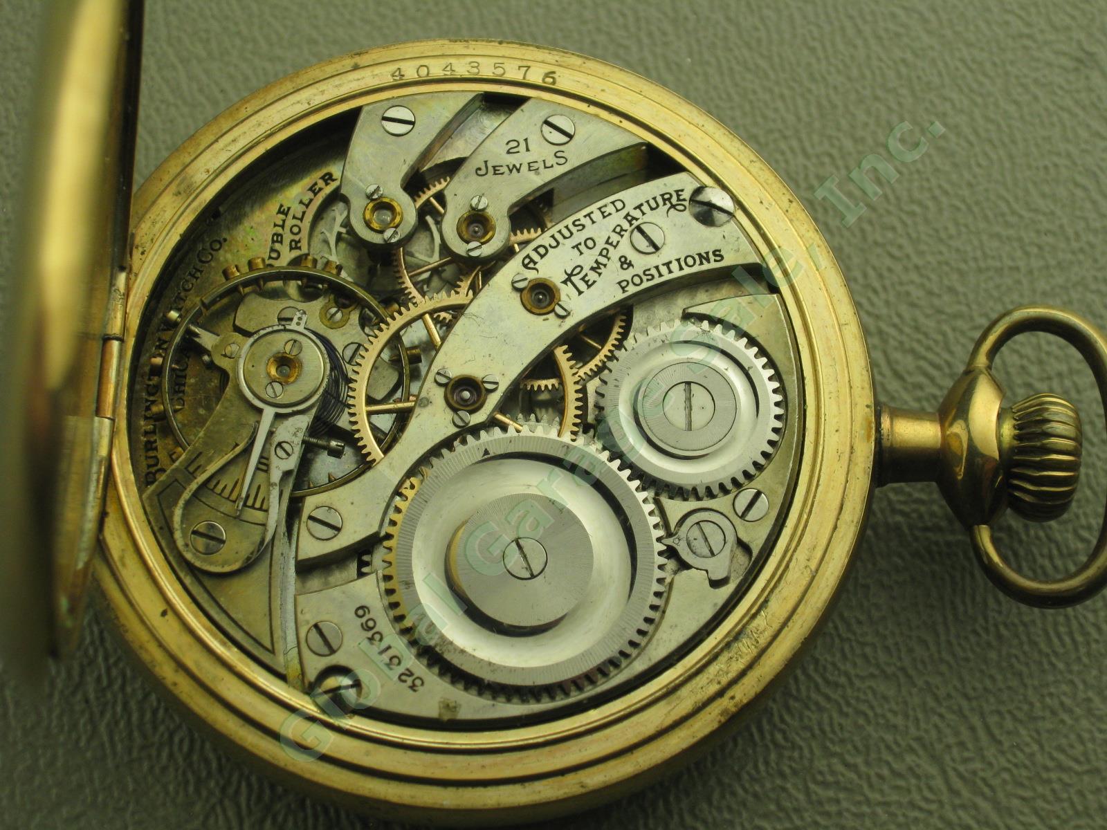 Vtg Antique Burlington 21 Jewels Yellow Gold Filled Double Roller Pocket Watch 8