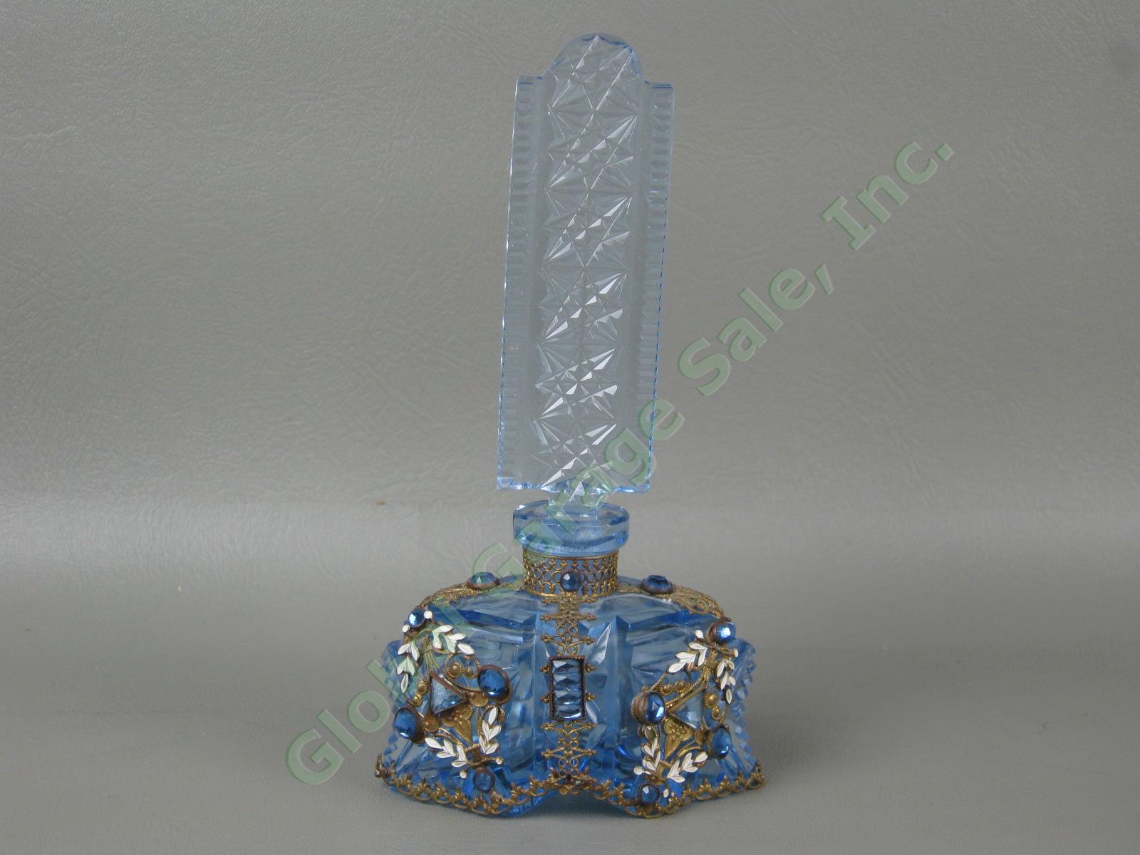 Vintage Antique Czech Blue Glass Jeweled Filigree Perfume Bottle With Stopper NR