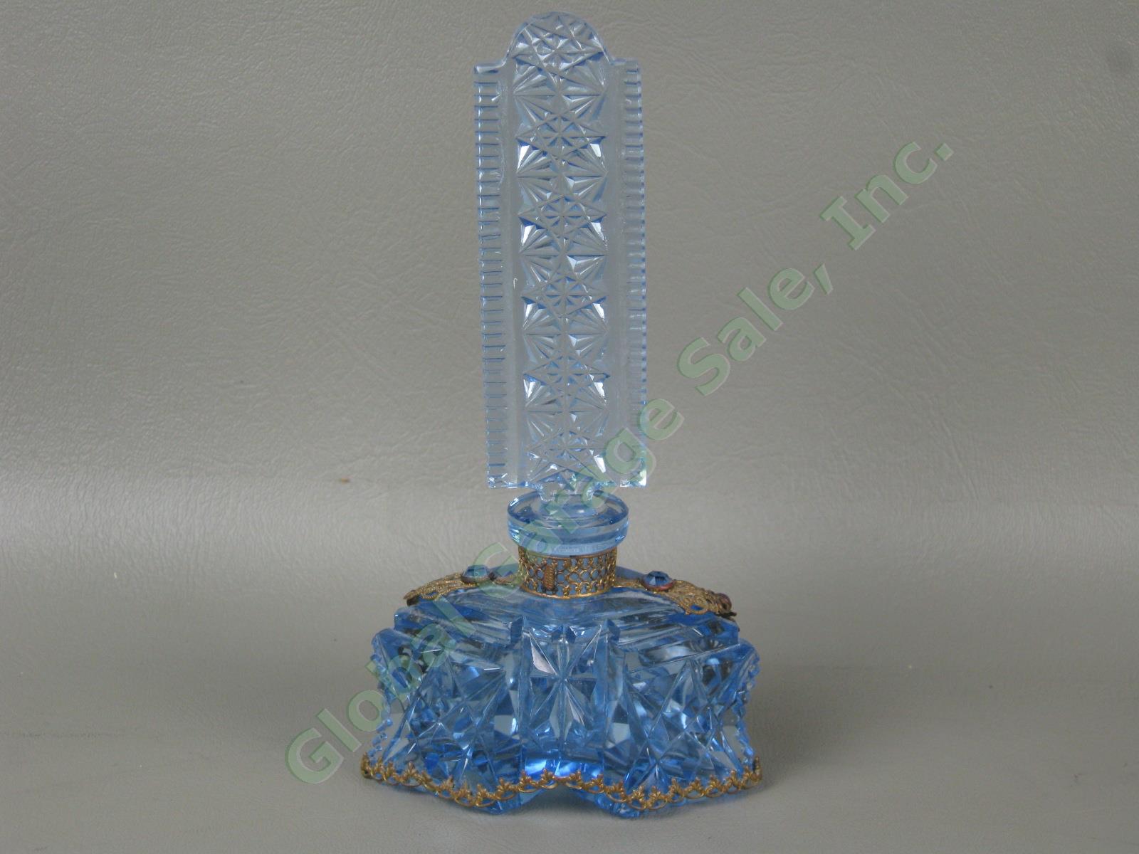Vintage Antique Czech Blue Glass Jeweled Filigree Perfume Bottle With Stopper NR 4
