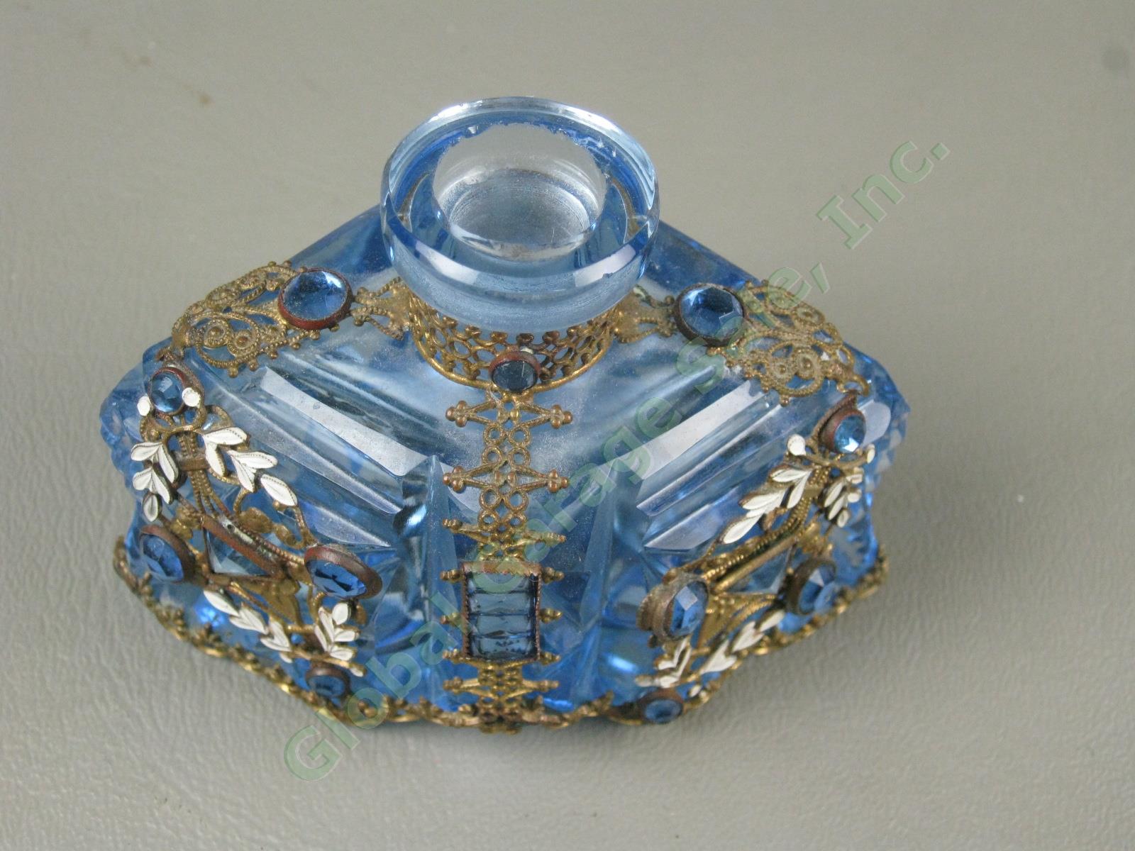 Vintage Antique Czech Blue Glass Jeweled Filigree Perfume Bottle With Stopper NR 7