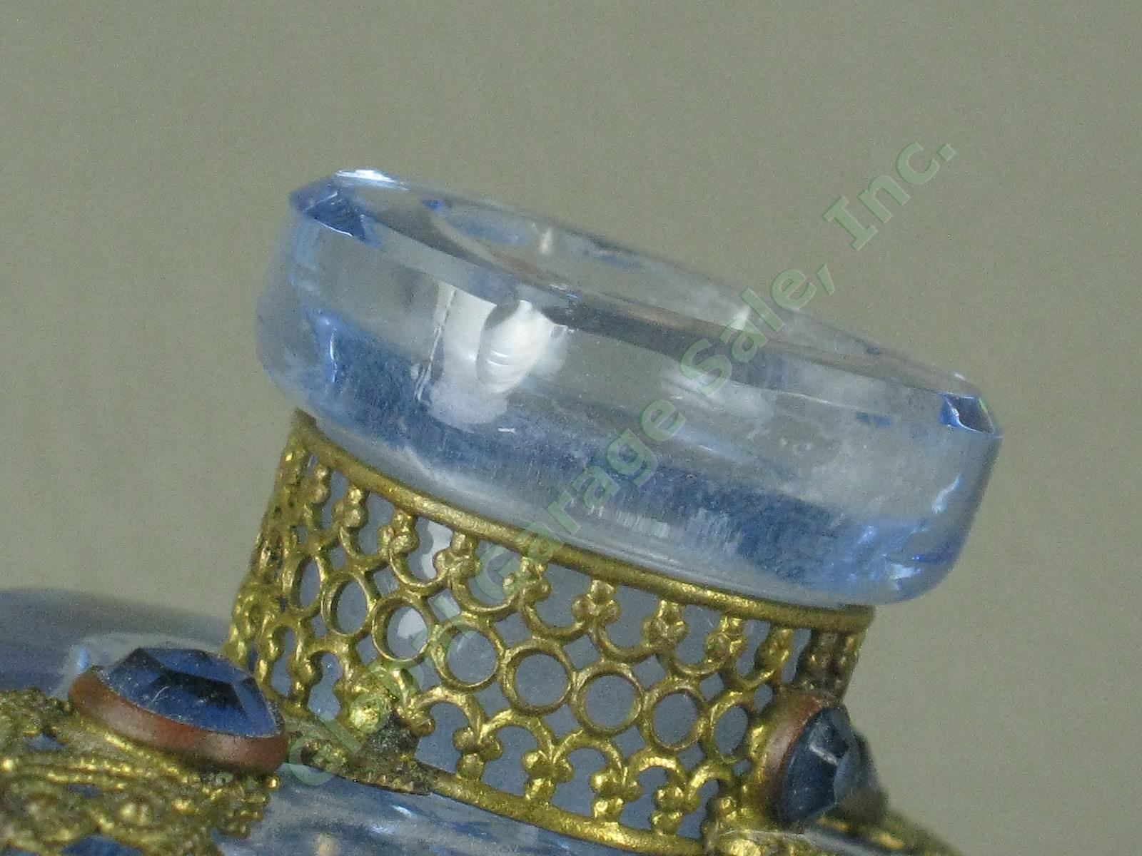 Vintage Antique Czech Blue Glass Jeweled Filigree Perfume Bottle With Stopper NR 11